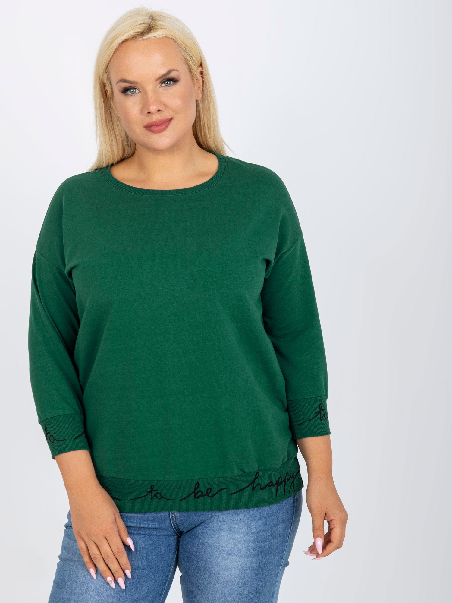 Tmavozelená mikina Charliza s nápismi "Happy" na lemoch -RV-BL-5978.06P-dark green Veľkosť: ONE SIZE