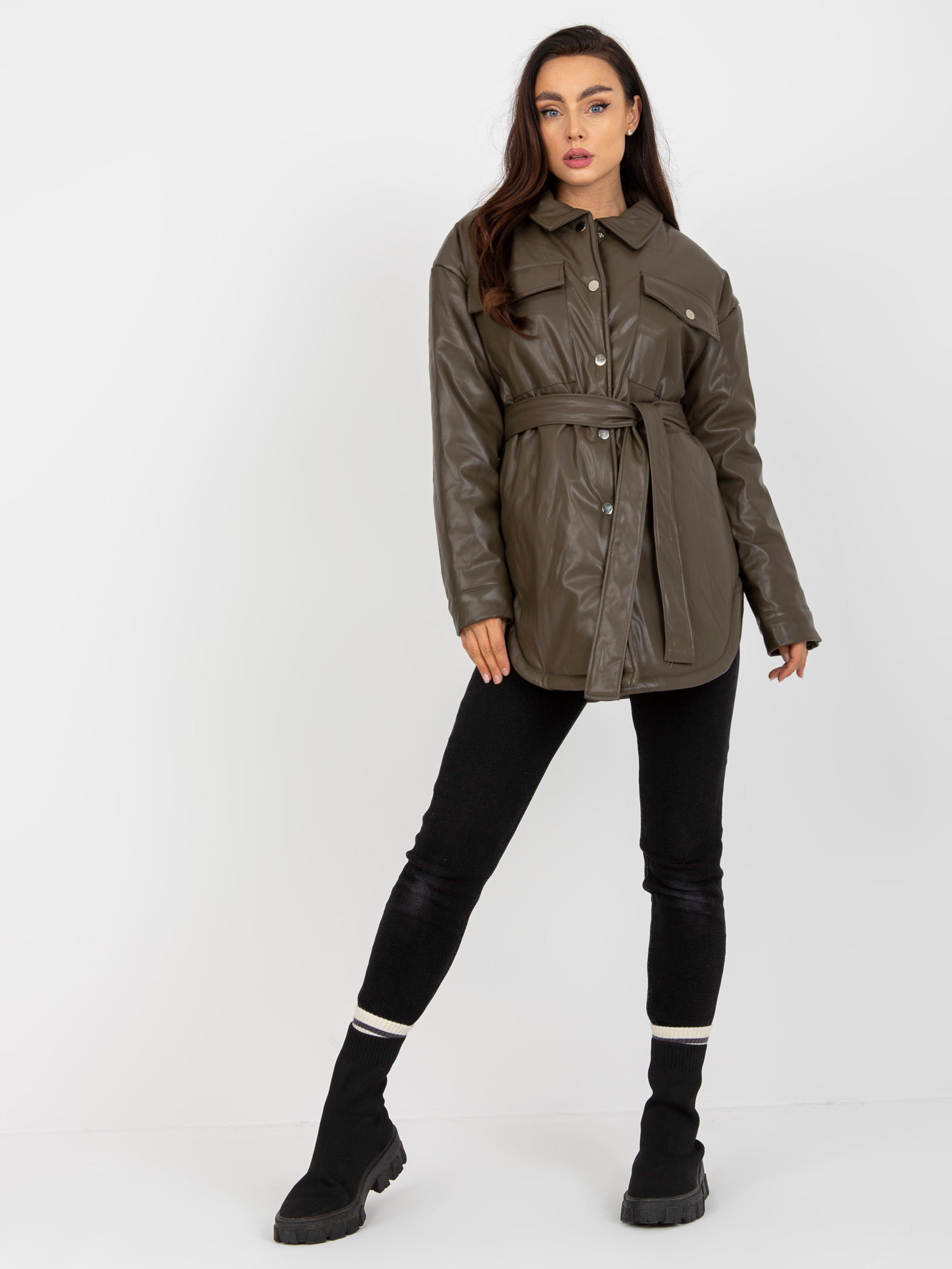 Khaki koženková bunda s opaskom -EM-KR-MC309.69P-kaki Veľkosť: M/L