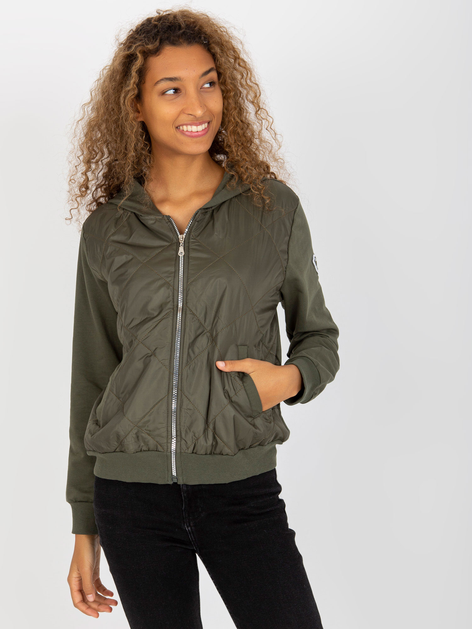 Khaki prešívaná bomber mikina -RV-BL-8226.11X-khaki Veľkosť: S/M