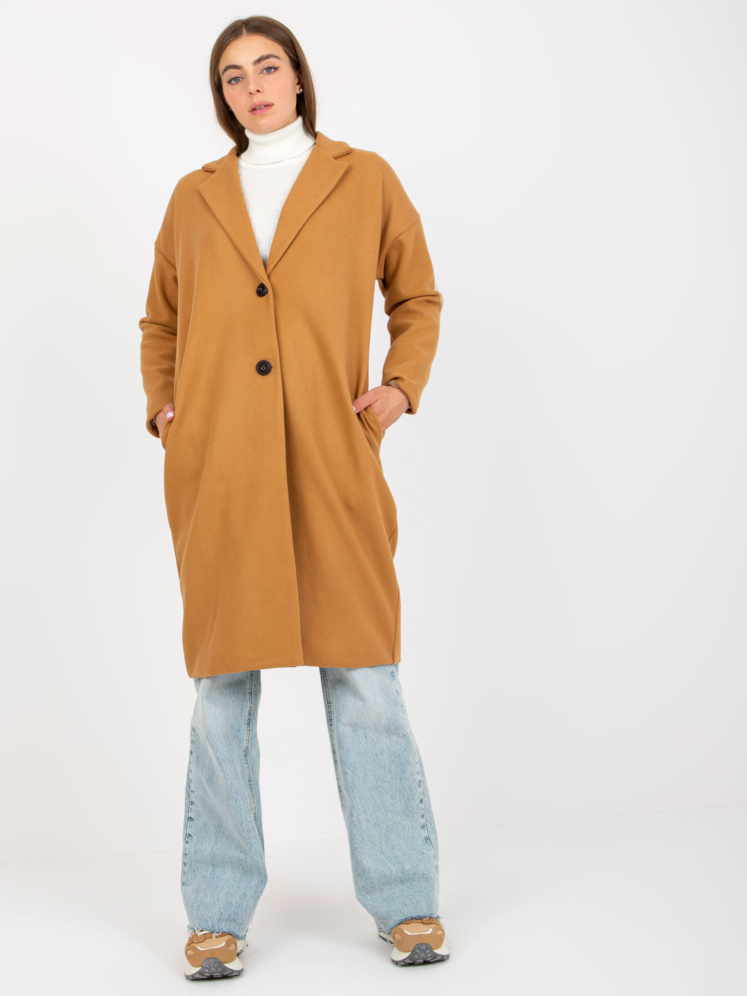 Hnedý voľný jednoradový kabát -TW-PL-BI-7298-1.15-brown Veľkosť: ONE SIZE