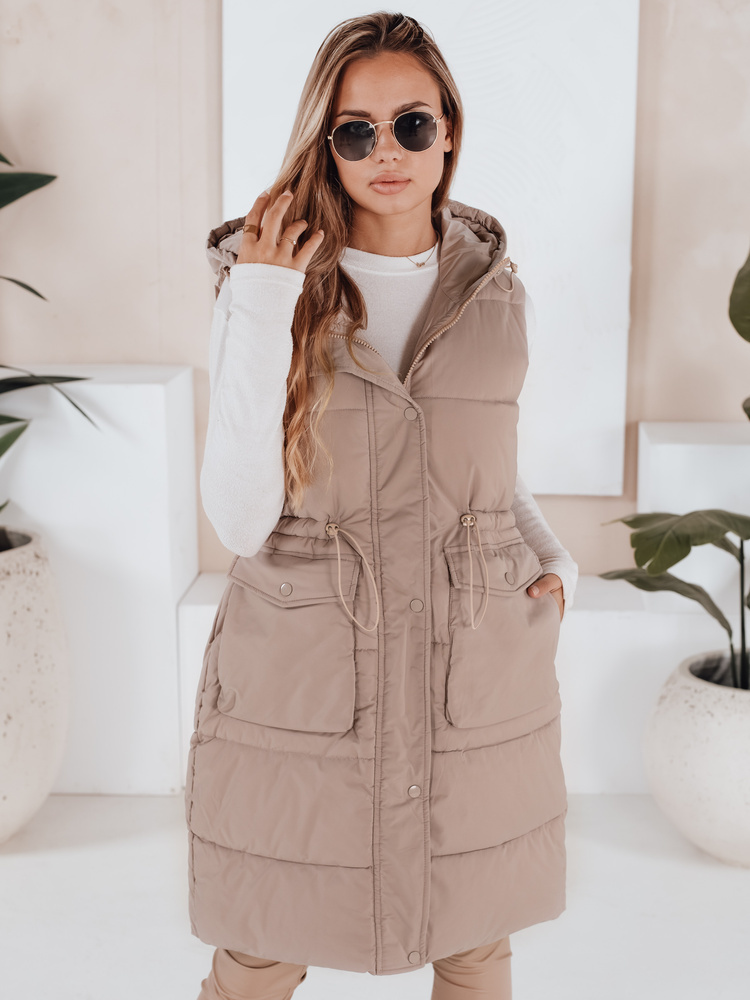 Svetlohnedá prešívaná dlhá vesta LADISA TY3289 Veľkosť: S