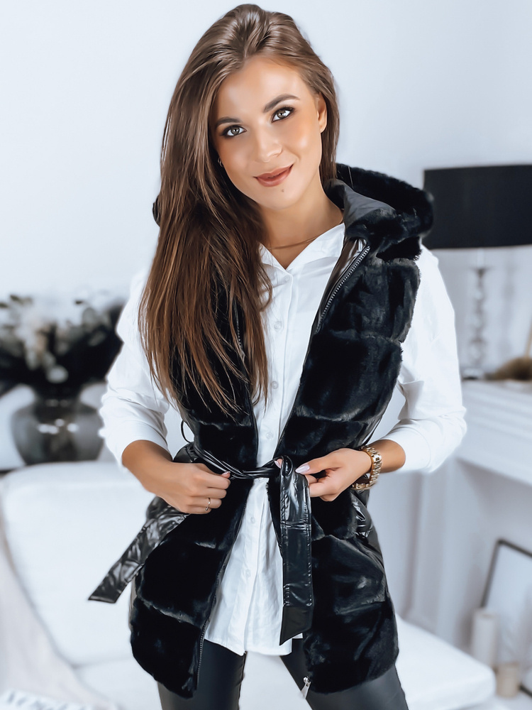 Čierna lesklá bunda s kožúškovým lemom KAMILLA TY3330 Veľkosť: XL