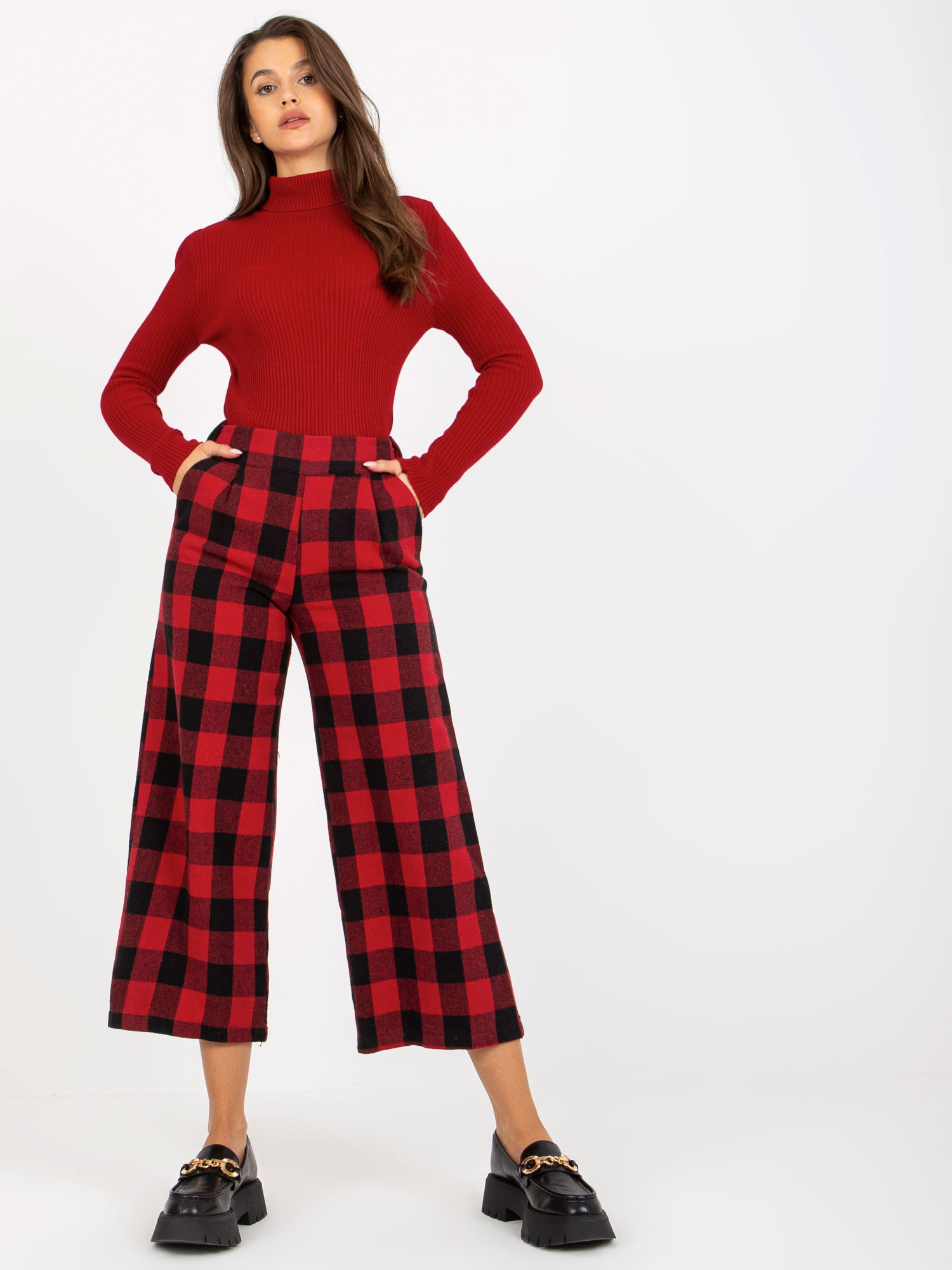 Červeno-čierne kockované culotte nohavice -LK-SP-509097.20P Veľkosť: 38