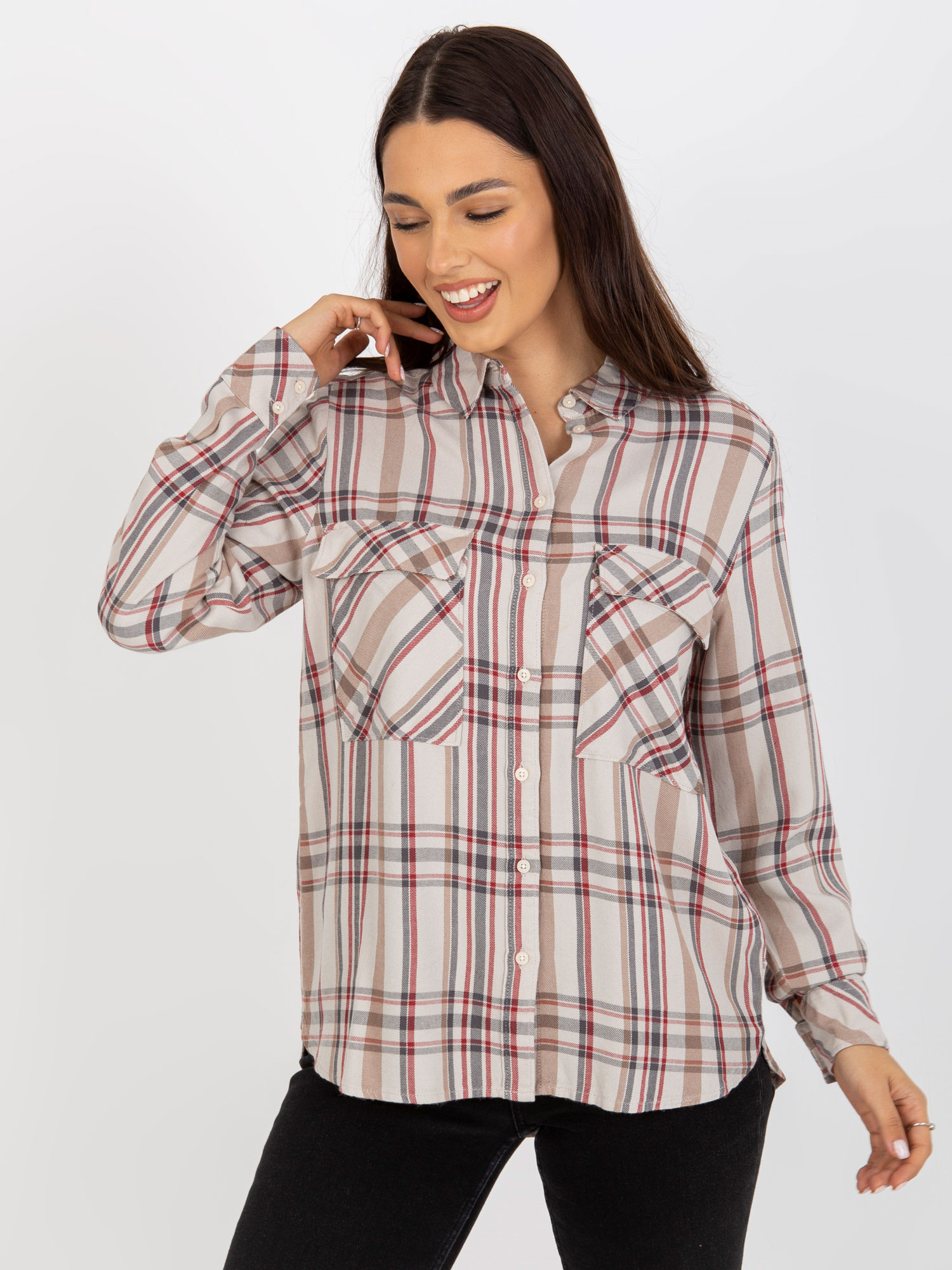 Béžová károvaná košeľa z viskózy -D70039Z11082A-beige Veľkosť: XS