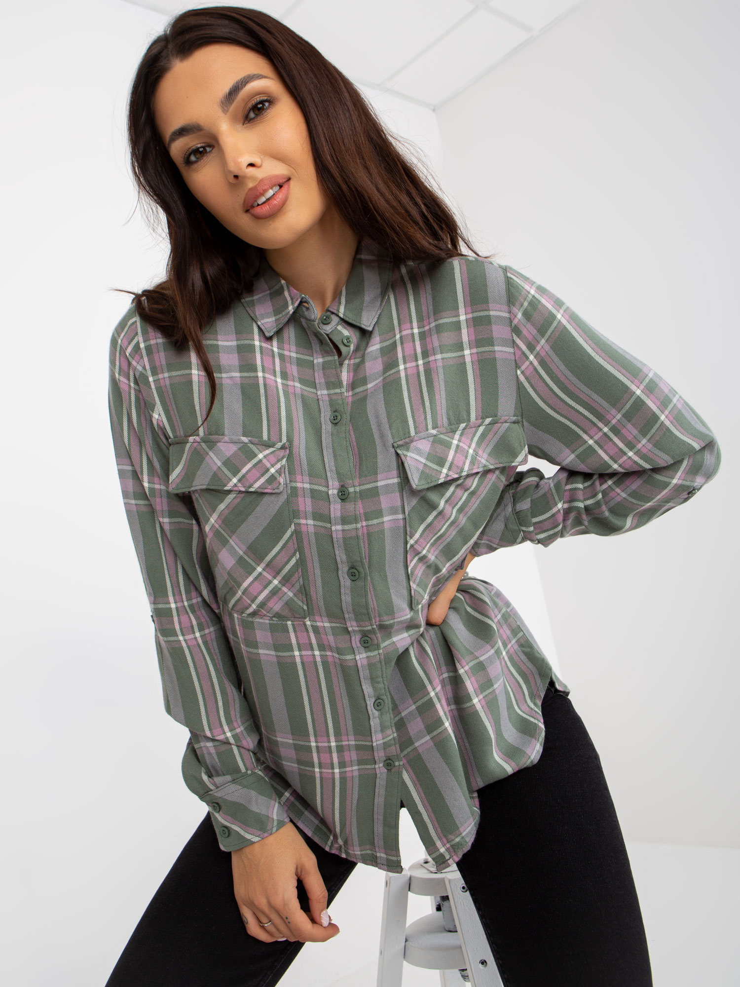 Khaki károvaná košeľa z viskózy -D70039Z11082A-khaki Veľkosť: XL