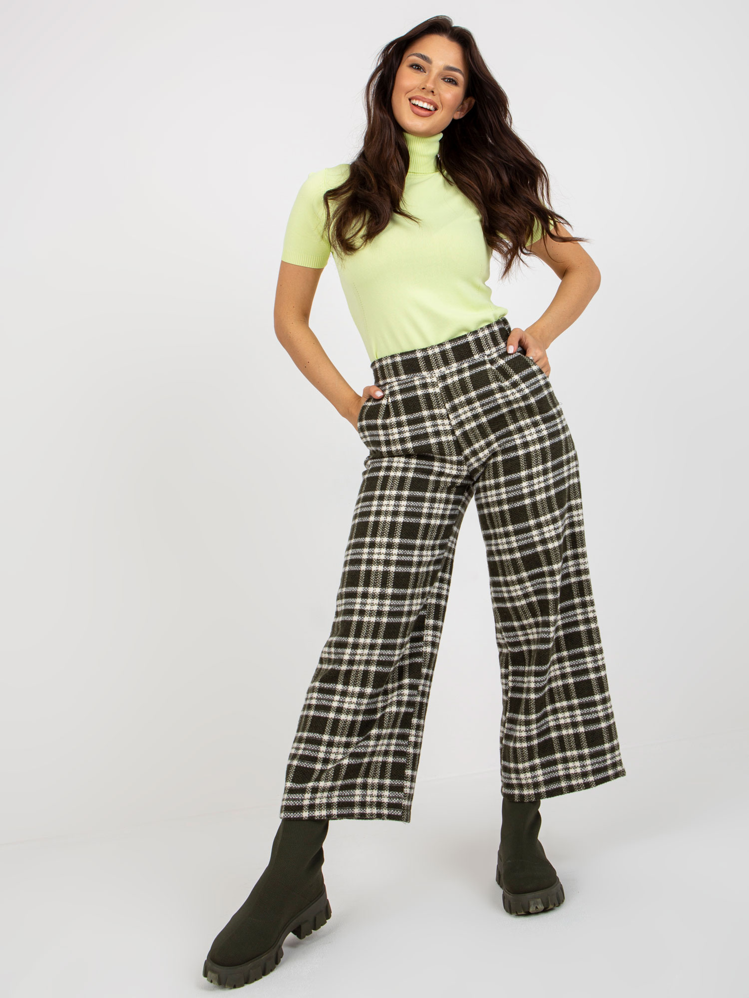 Khaki kárované dámske nohavice LK-SP-509097-2.35P-khaki Veľkosť: 36