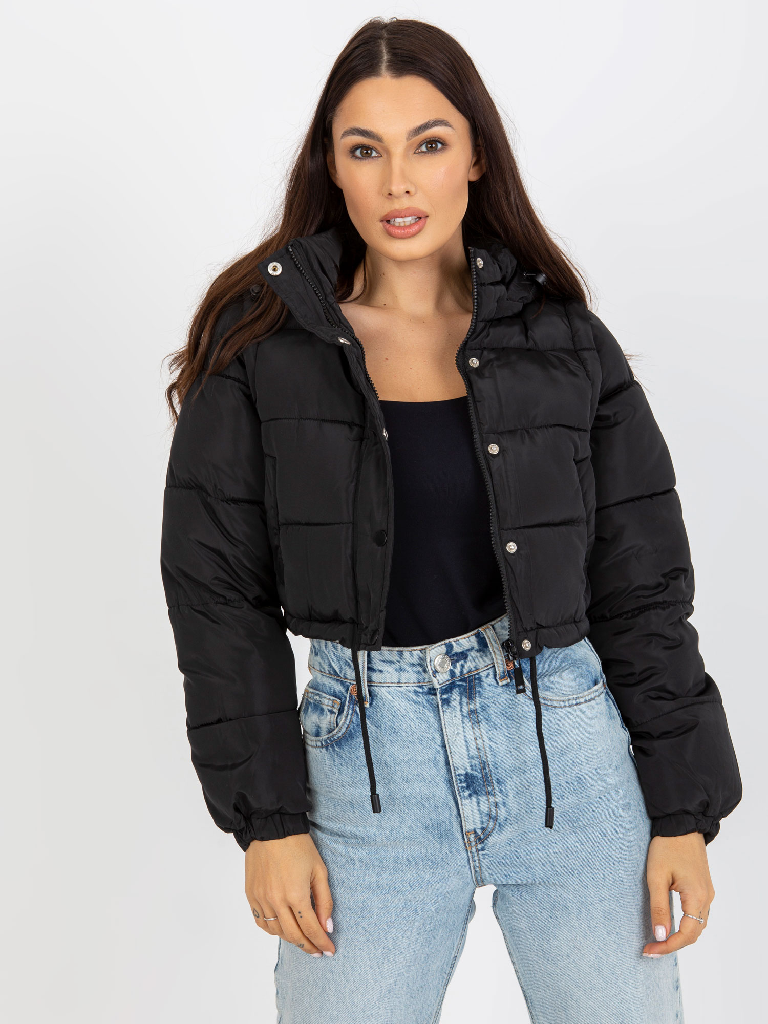 Čierna crop zimná bunda s odnímateľnými rukávmi NM-KR-D2-3869.11P-black Veľkosť: XL