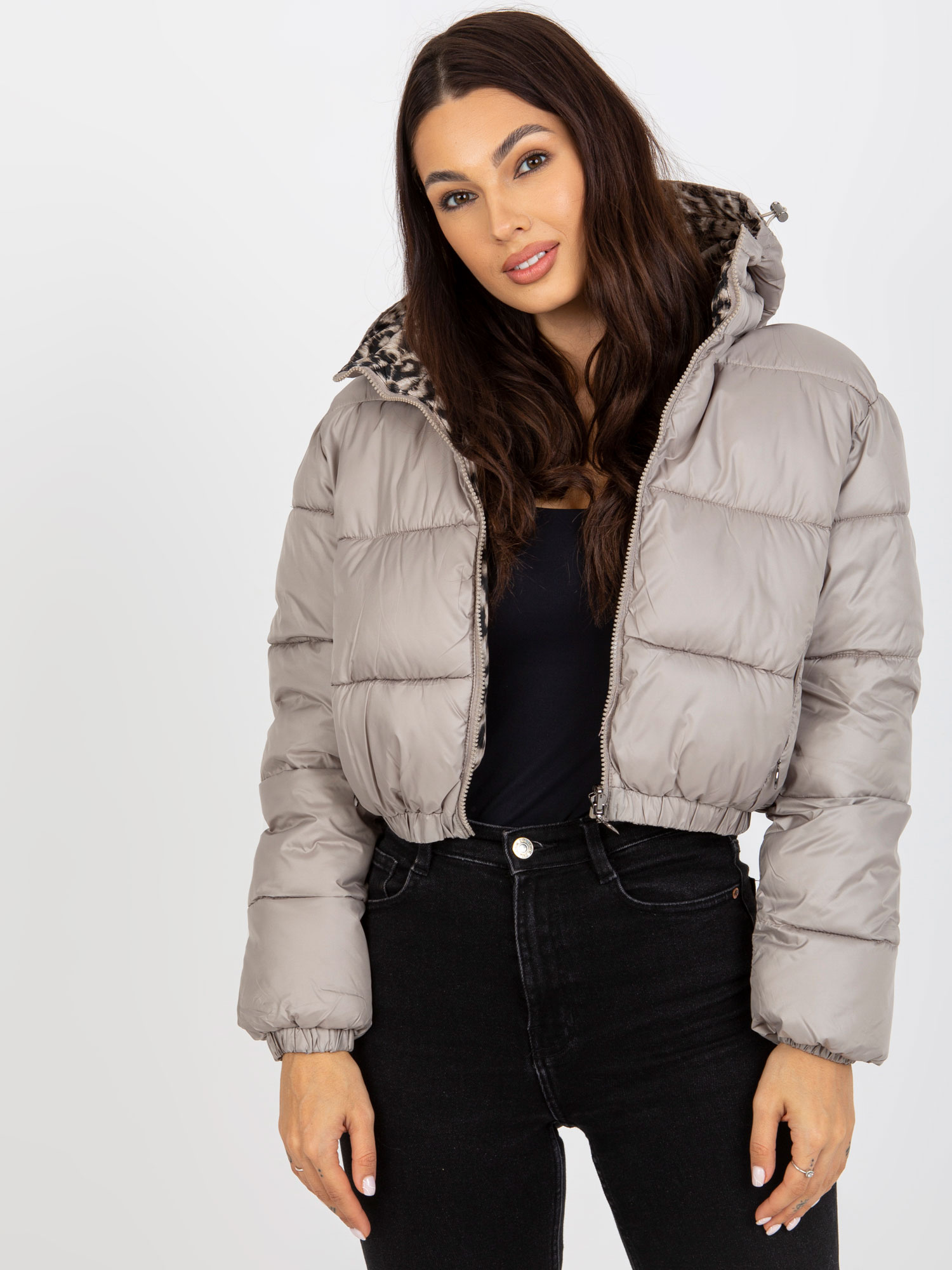Béžová krátka obojstranná zimná crop bunda NM-KR-P22-6680.01P-beige Veľkosť: XL