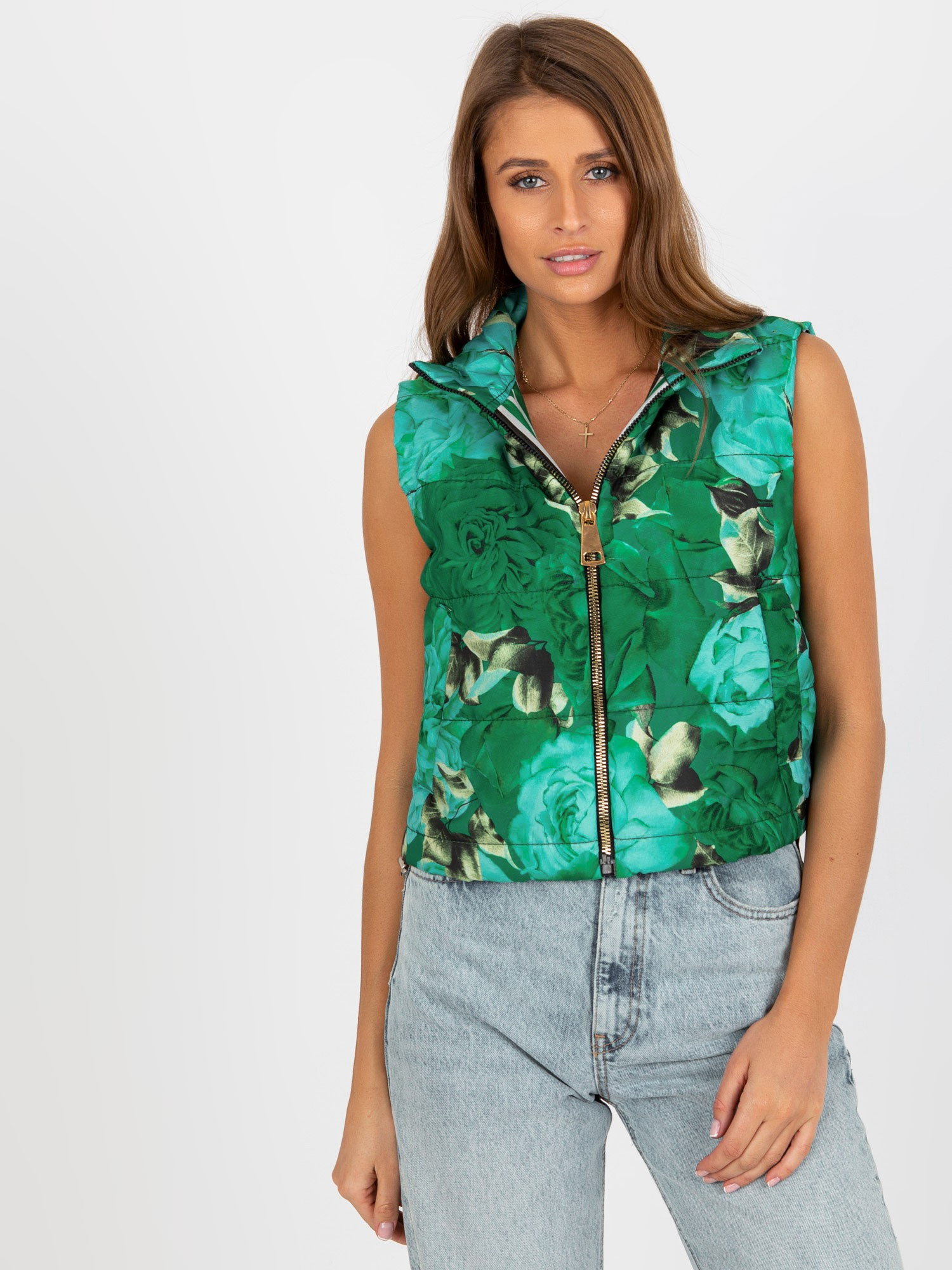 Zelená kvetinová krátka vesta RV-KZ-11445.98P-green Veľkosť: L