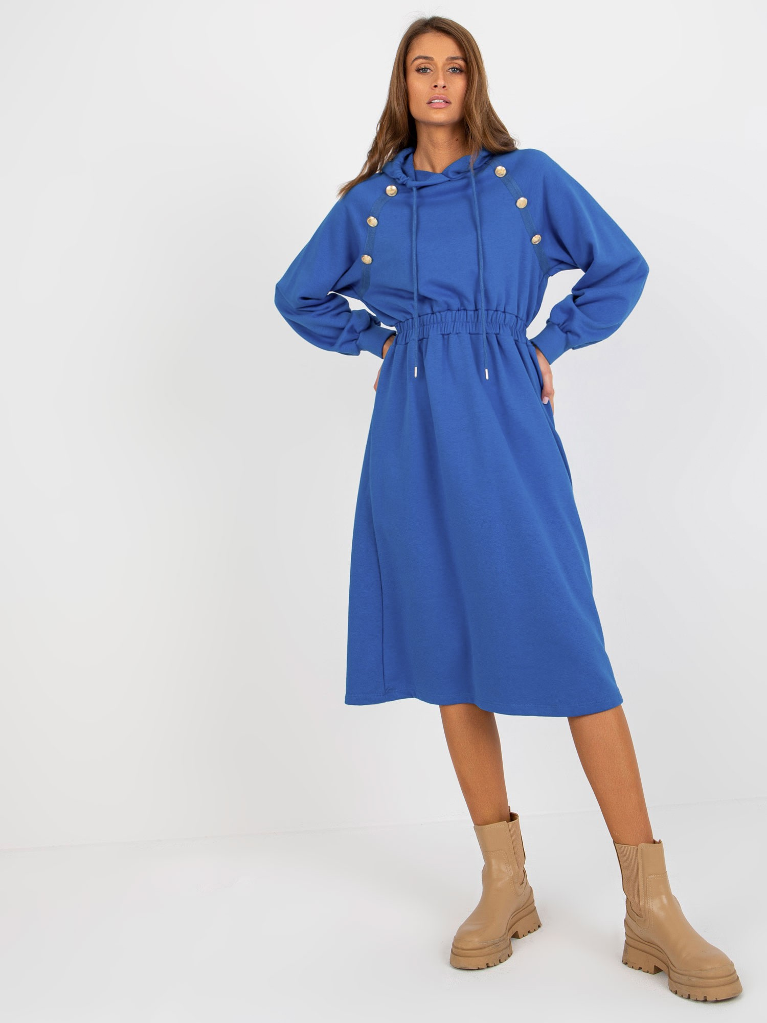 Modré dlhšie mikinové šaty s kapucňou RV-SK-8336.12P-blue Veľkosť: ONE SIZE