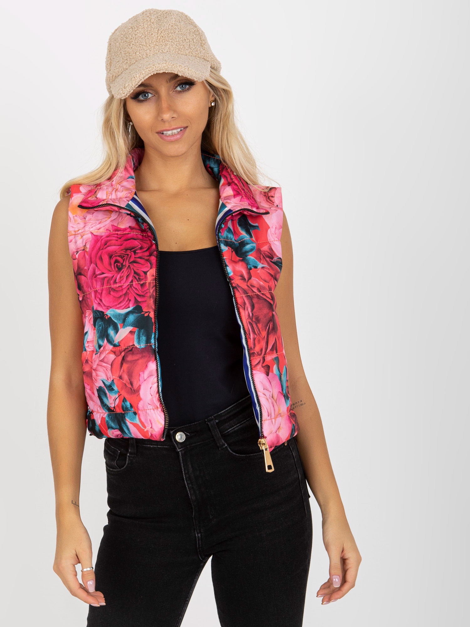 Ružová kvetinová krátka vesta RV-KZ-11445.98P-pink Veľkosť: XL