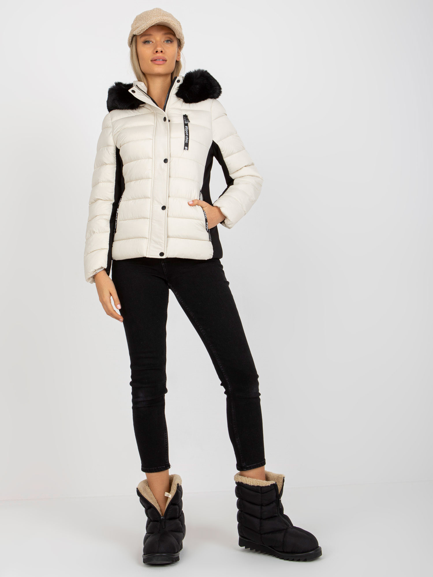 Čierno-béžová dámska bunda s kožúškom NM-KR-BS-202.44P-light beige Veľkosť: 2XL