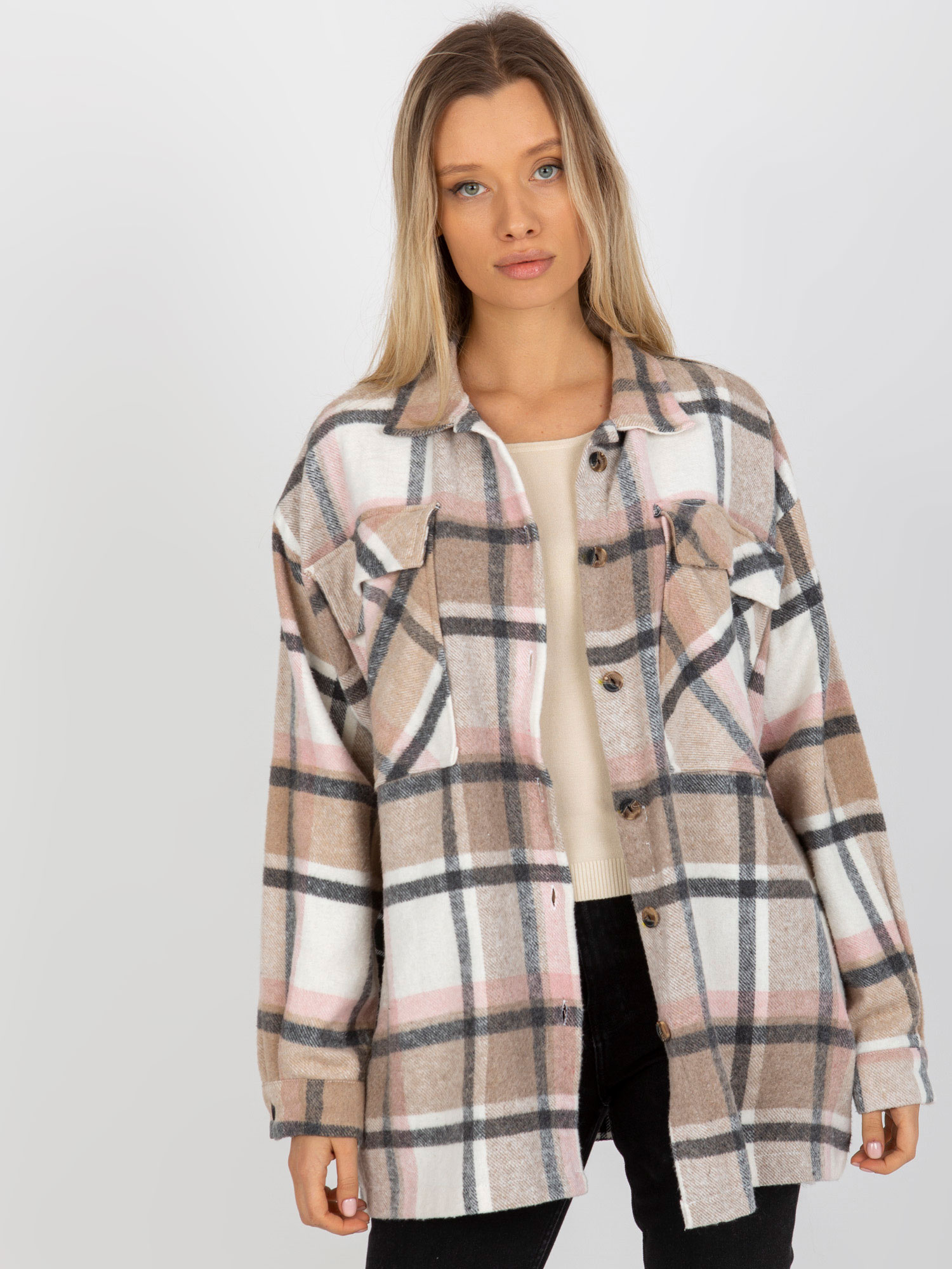 Čierno-béžová dámska károvaná košeľa DN-KS-3841.02-black-beige Veľkosť: ONE SIZE
