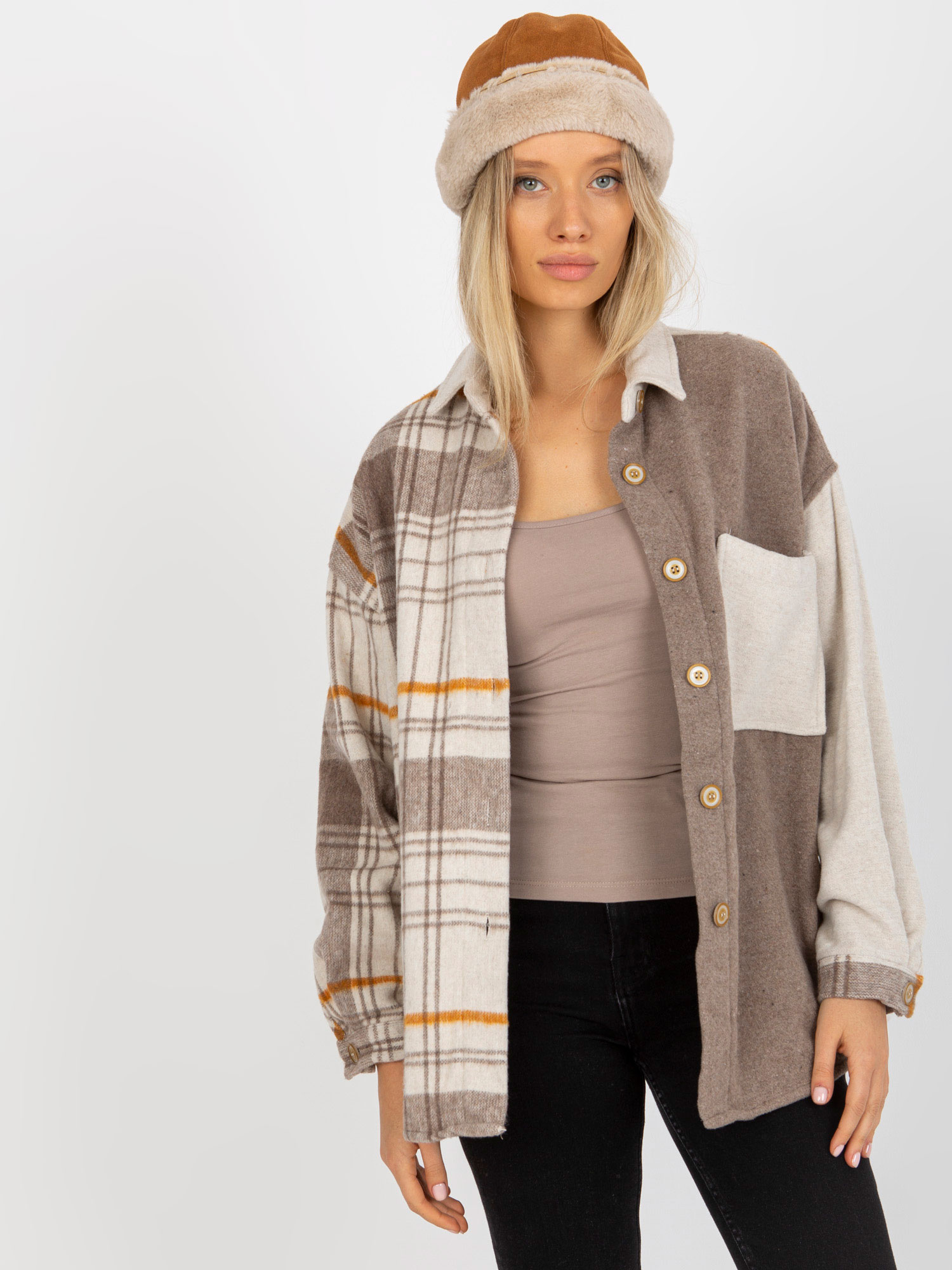 Béžová dámska károvaná košeľa DN-KS-4007.04-beige Veľkosť: M