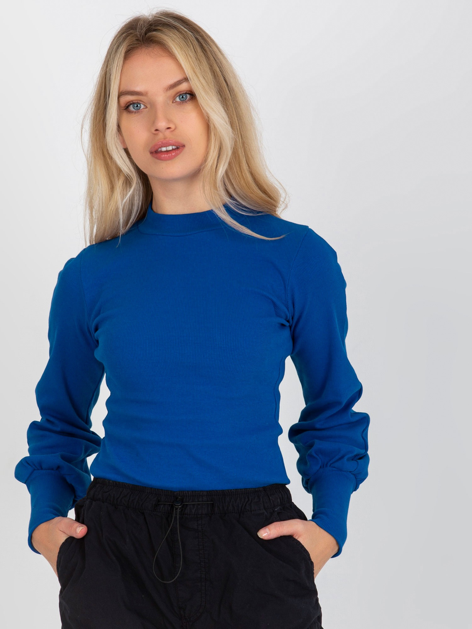 Modré žebrované tričko s balónovými rukávmi RV-BZ-5223.15-kobalt Veľkosť: M