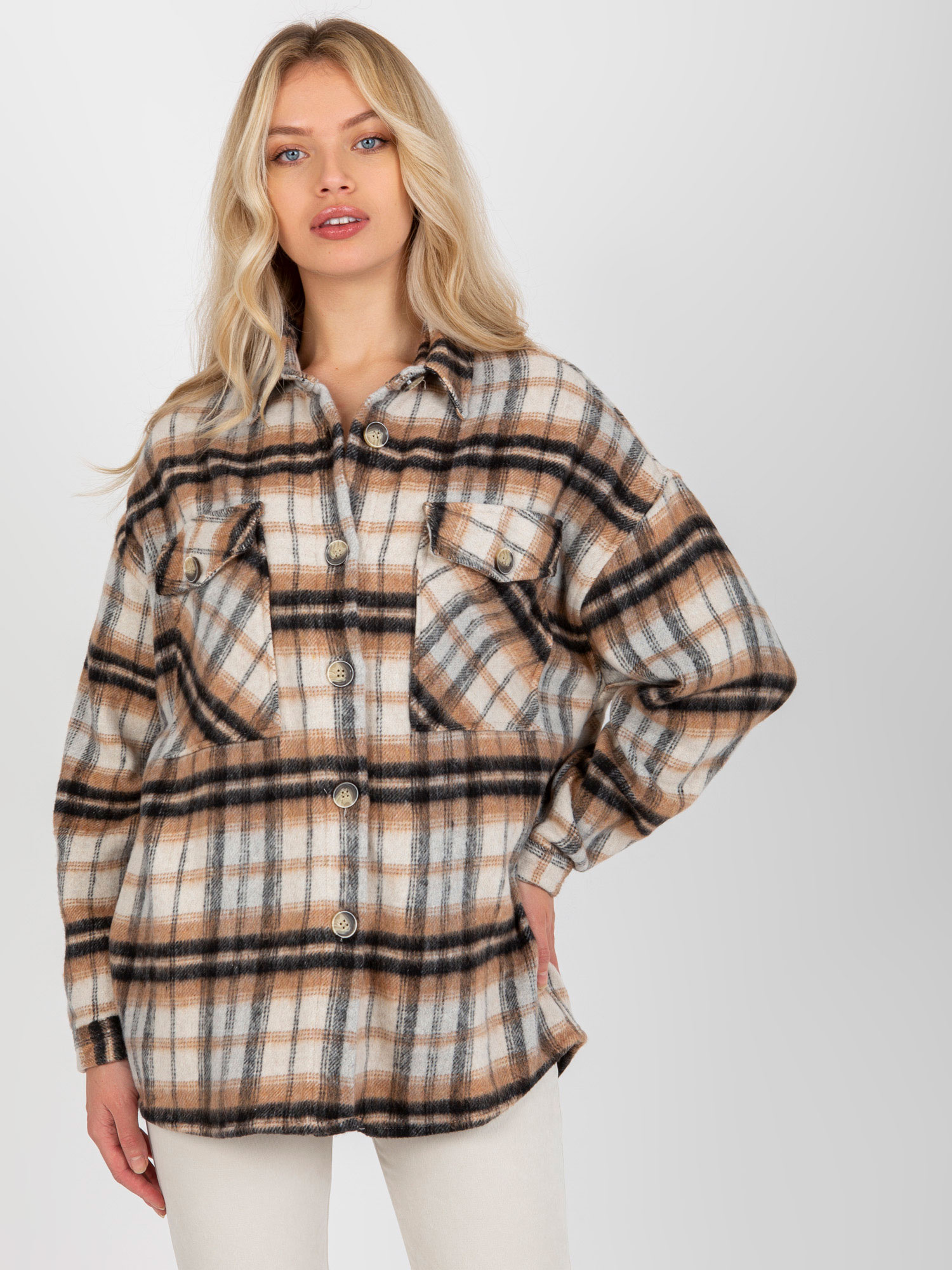 Béžová dámska károvaná košeľa DN-KS-3965.05-beige Veľkosť: M