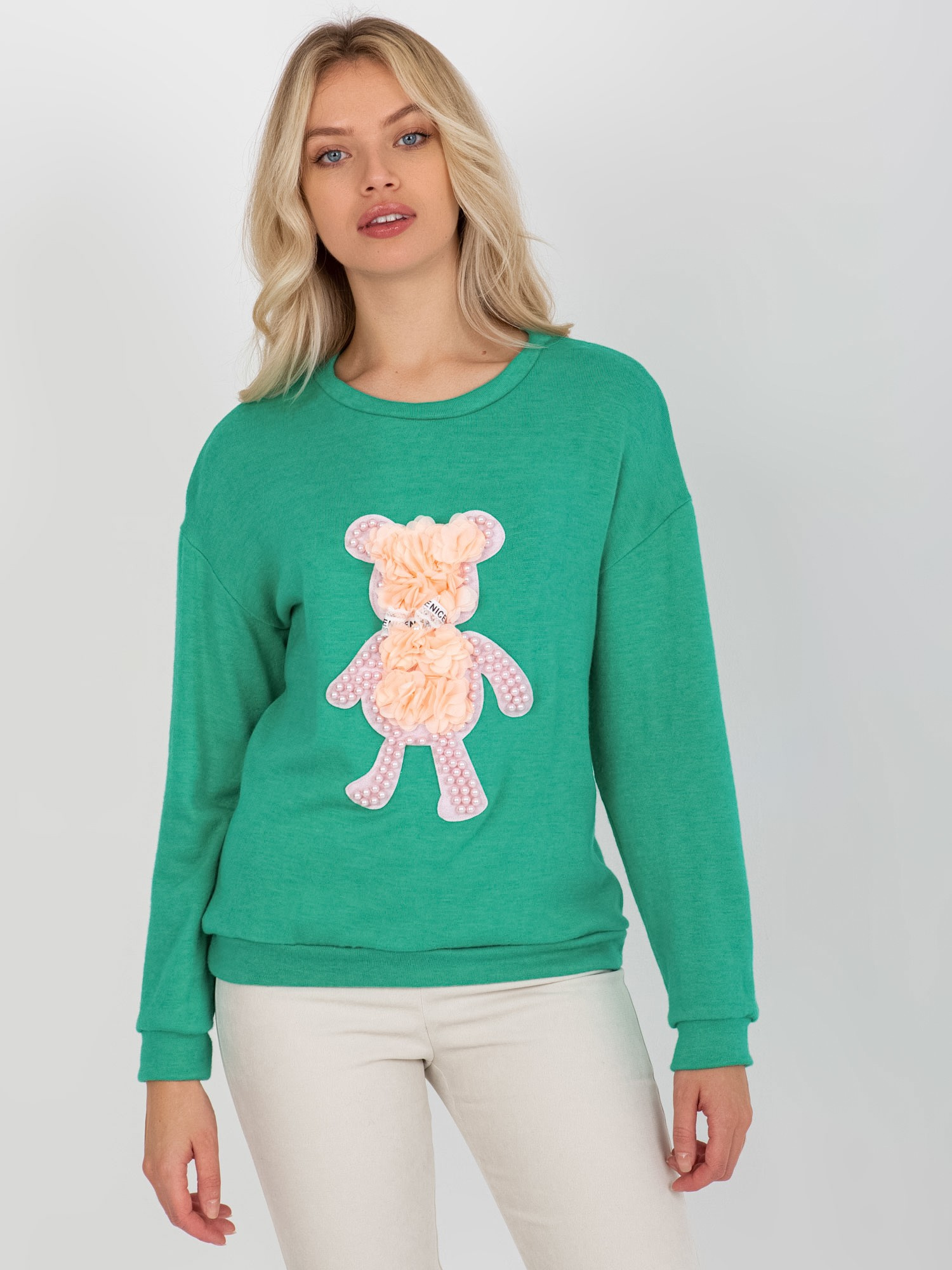 Zelená blúzka s trblietavou aplikáciou medvedíka LK-BZ-509067.15-tyrkys Veľkosť: ONE SIZE