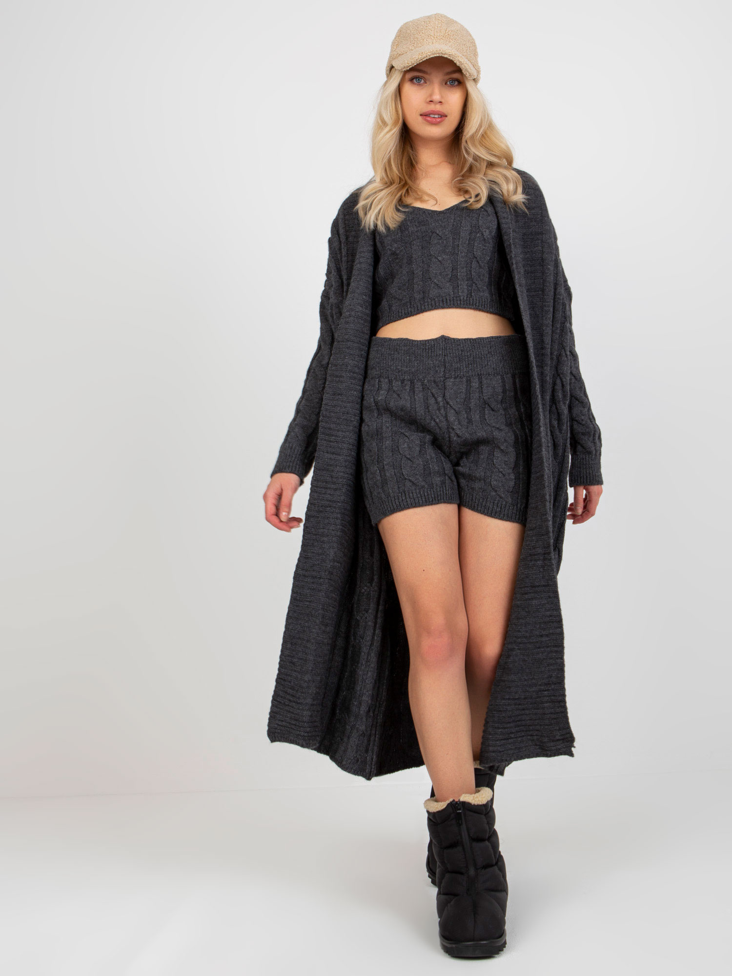 Tmavosivý pletený komplet -VI-KMPL-21TU752.06P-dark grey Veľkosť: ONE SIZE