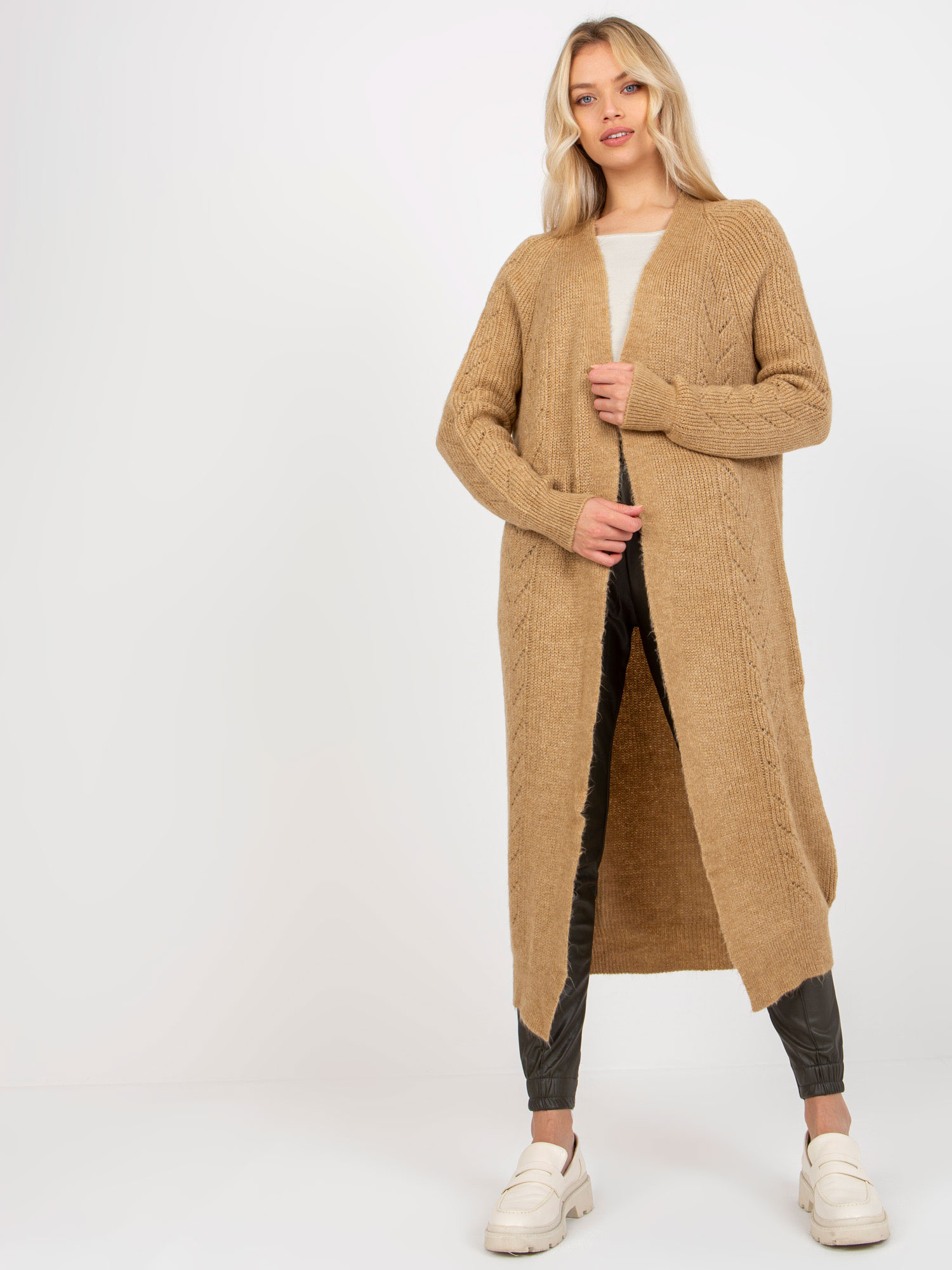 Svetlohnedý dlhý kardigan z pleteniny -VI-SW-21TU750.31X-camel Veľkosť: ONE SIZE