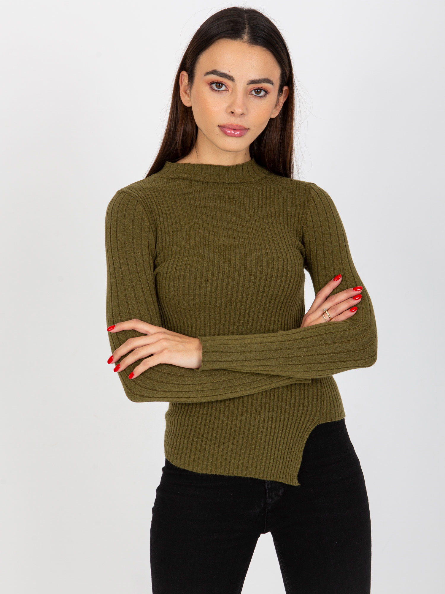 Khaki asymetrický sveter -VI-SW-20298.41P-khaki Veľkosť: ONE SIZE