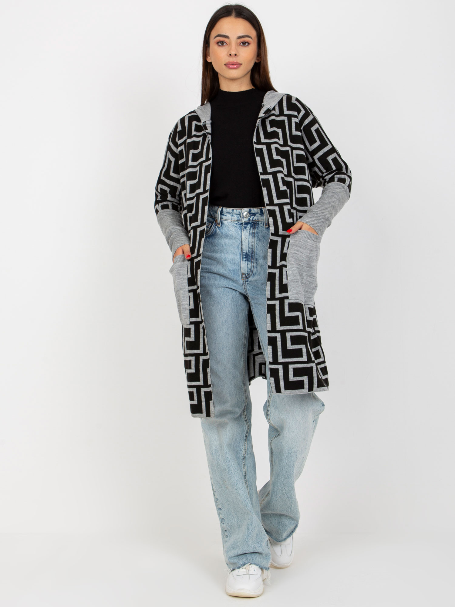 Sivo-čierny vzorovaný Kardigan -VI-SW-21TU1446.19P-grey-black Veľkosť: ONE SIZE