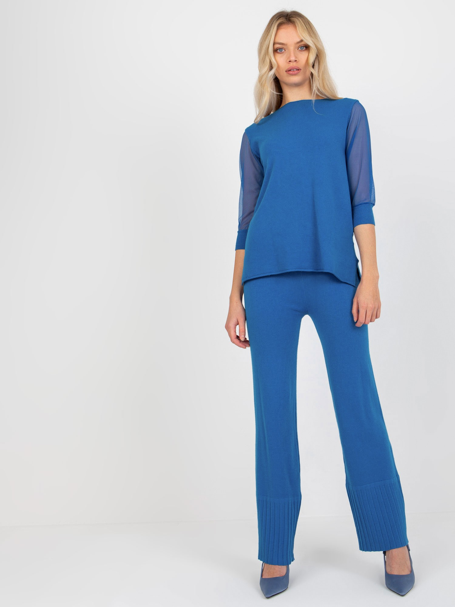 Modrý svetrík s priesvitnými rukávmi -VI-SW-20926.26P-blue Veľkosť: ONE SIZE
