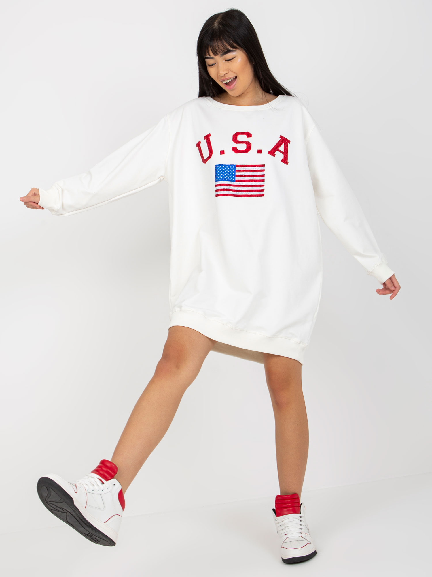 Smotanová dlhá mikina USA -VI-BL-3192.23P-ecru Veľkosť: ONE SIZE