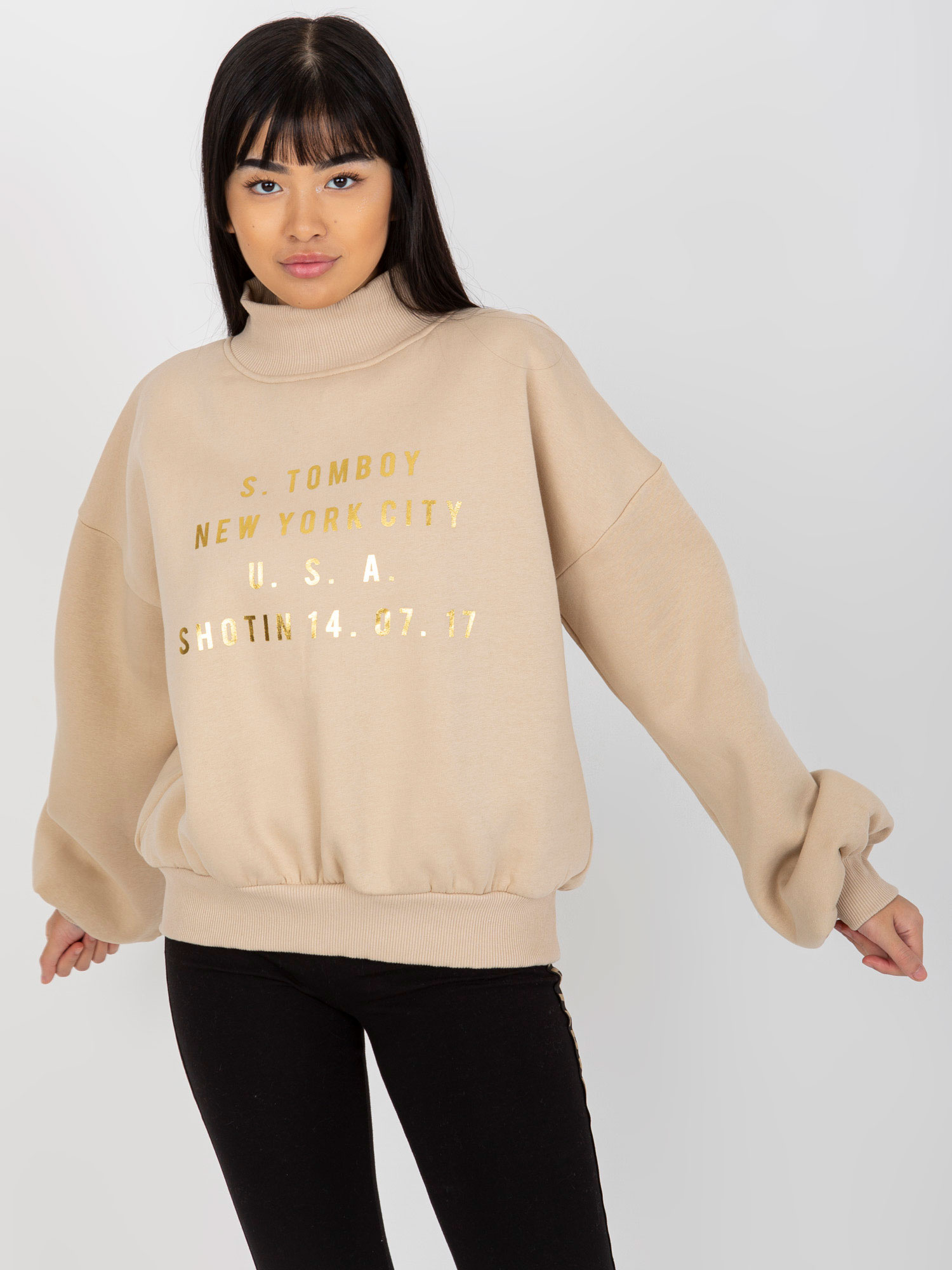 Béžová mikina so zlatým nápisom -EM-BL-643.39X-beige Veľkosť: S/M