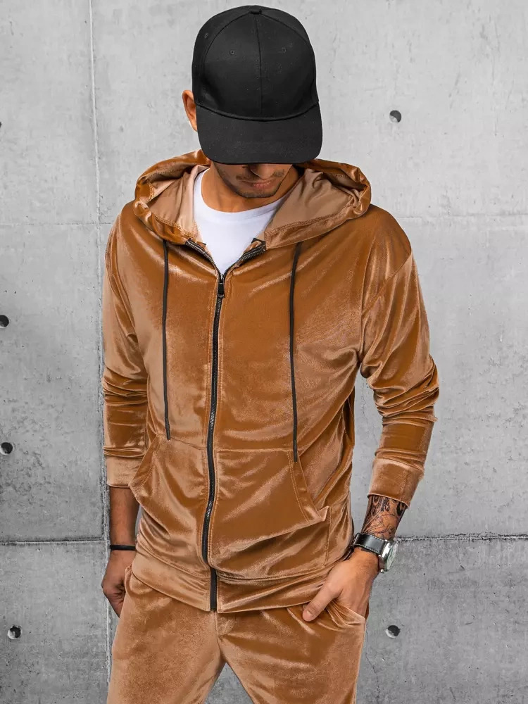 Karamelová velúrová mikina s kapucňou a na zips BX5542 Veľkosť: M