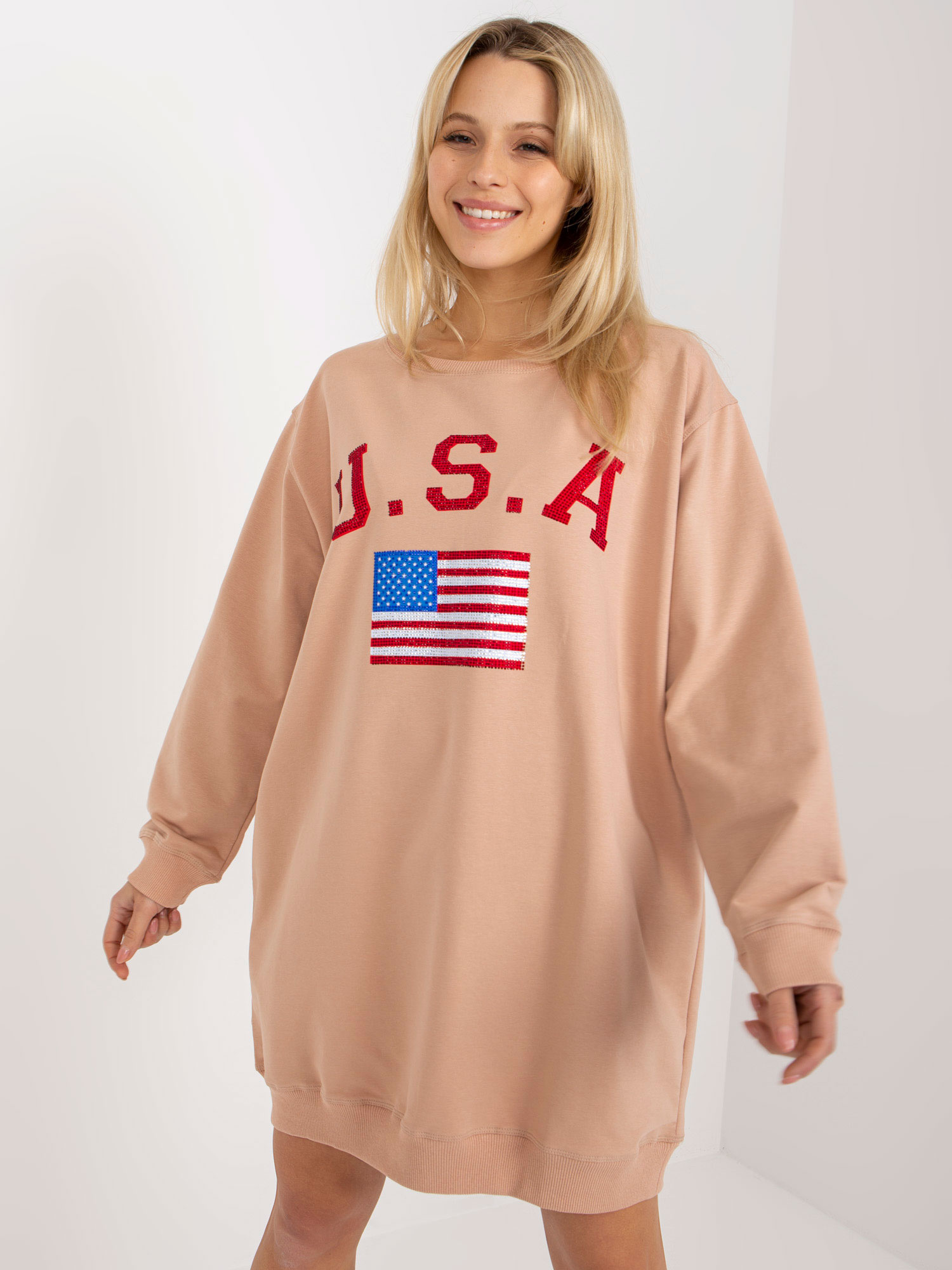 Béžové mikinové šaty USA VI-BL-3192.23P-beige Veľkosť: ONE SIZE