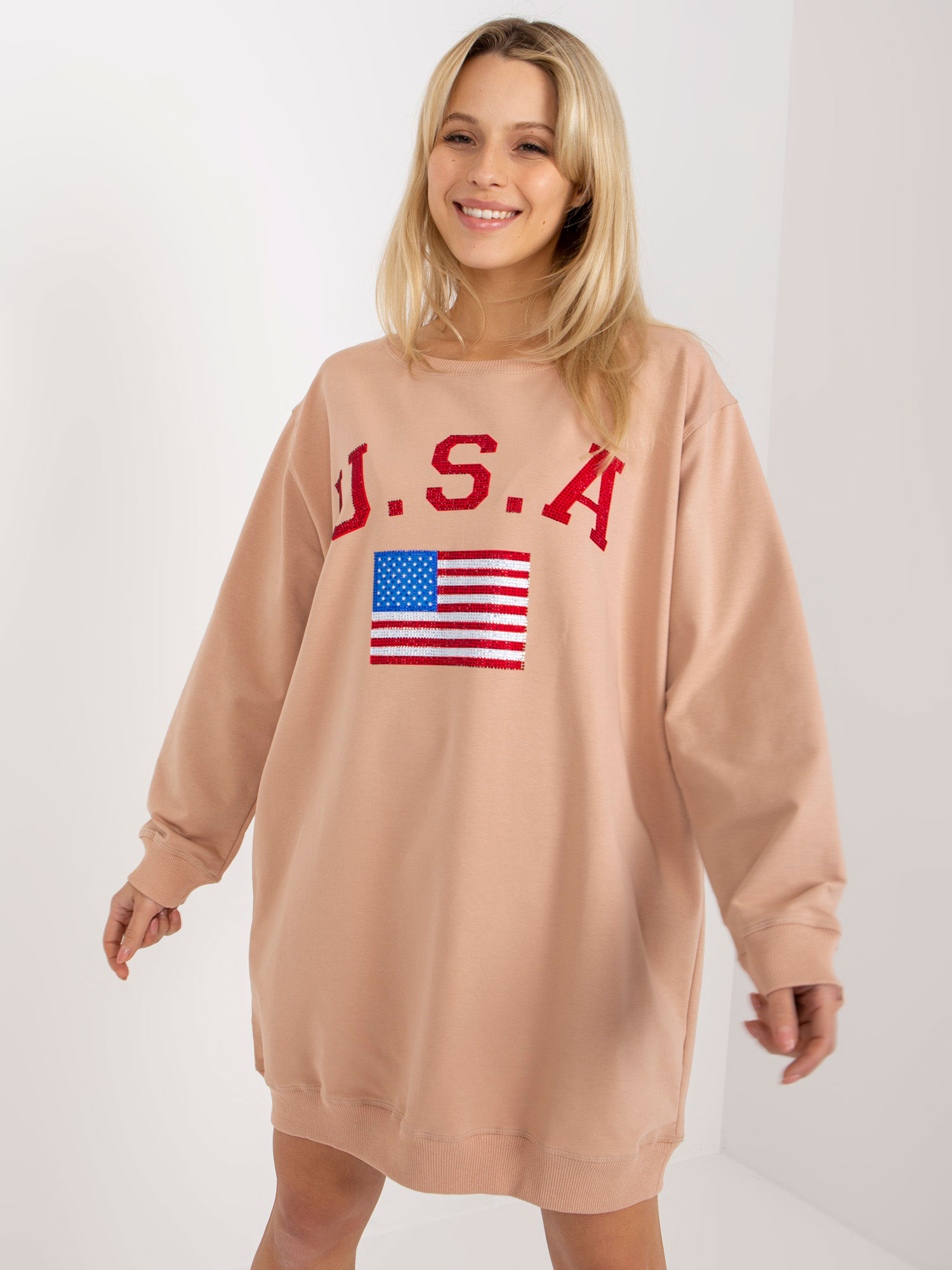 BÉŽOVÉ MIKINOVÉ ŠATY USA VI-BL-3192.23P-BEIGE Veľkosť: ONE SIZE