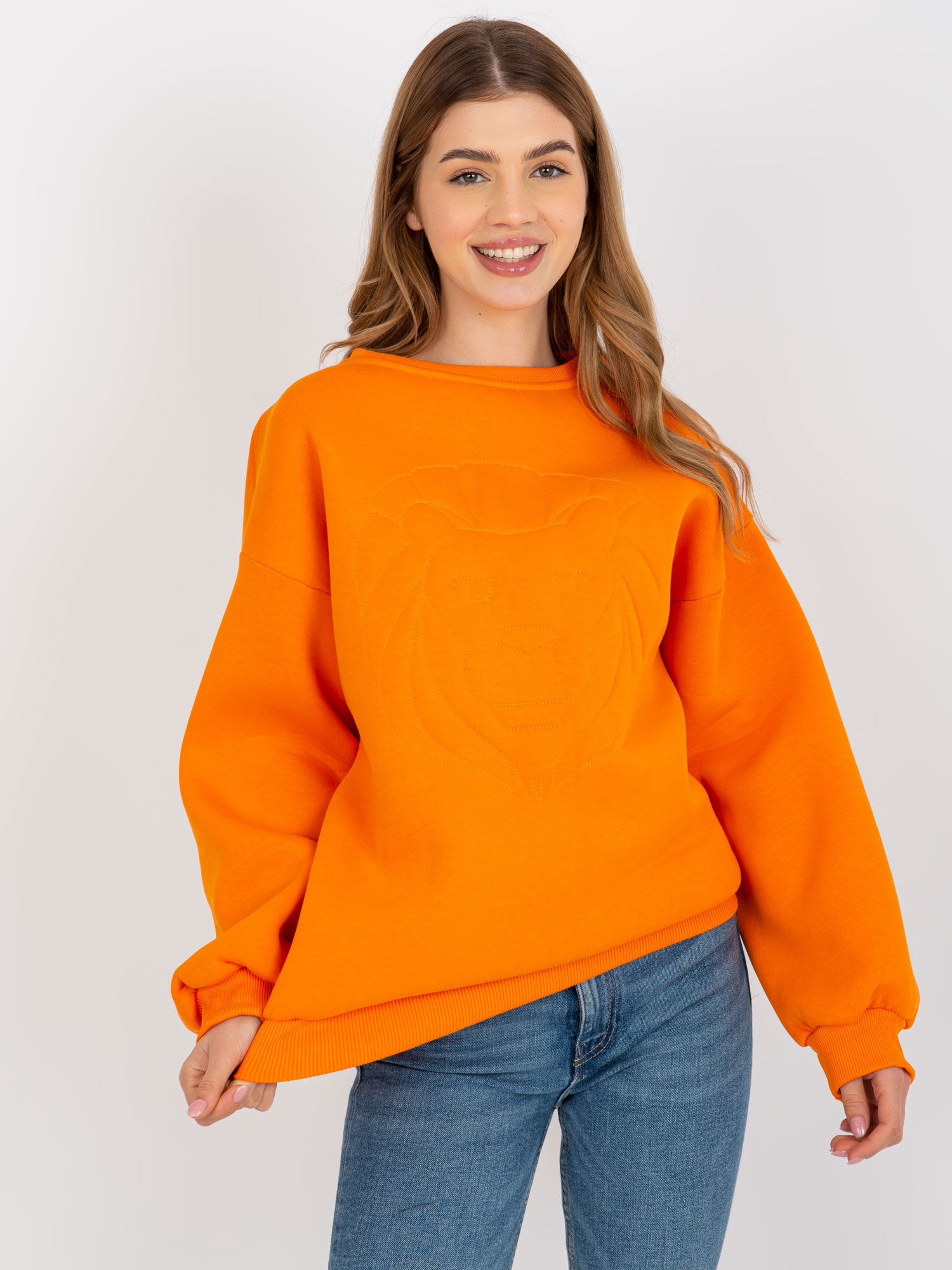 NEÓNOVO-ORANŽOVÁ MIKINA S POTLAČOU LEVA EM-BL-617-4.41P-ORANGE Veľkosť: ONE SIZE