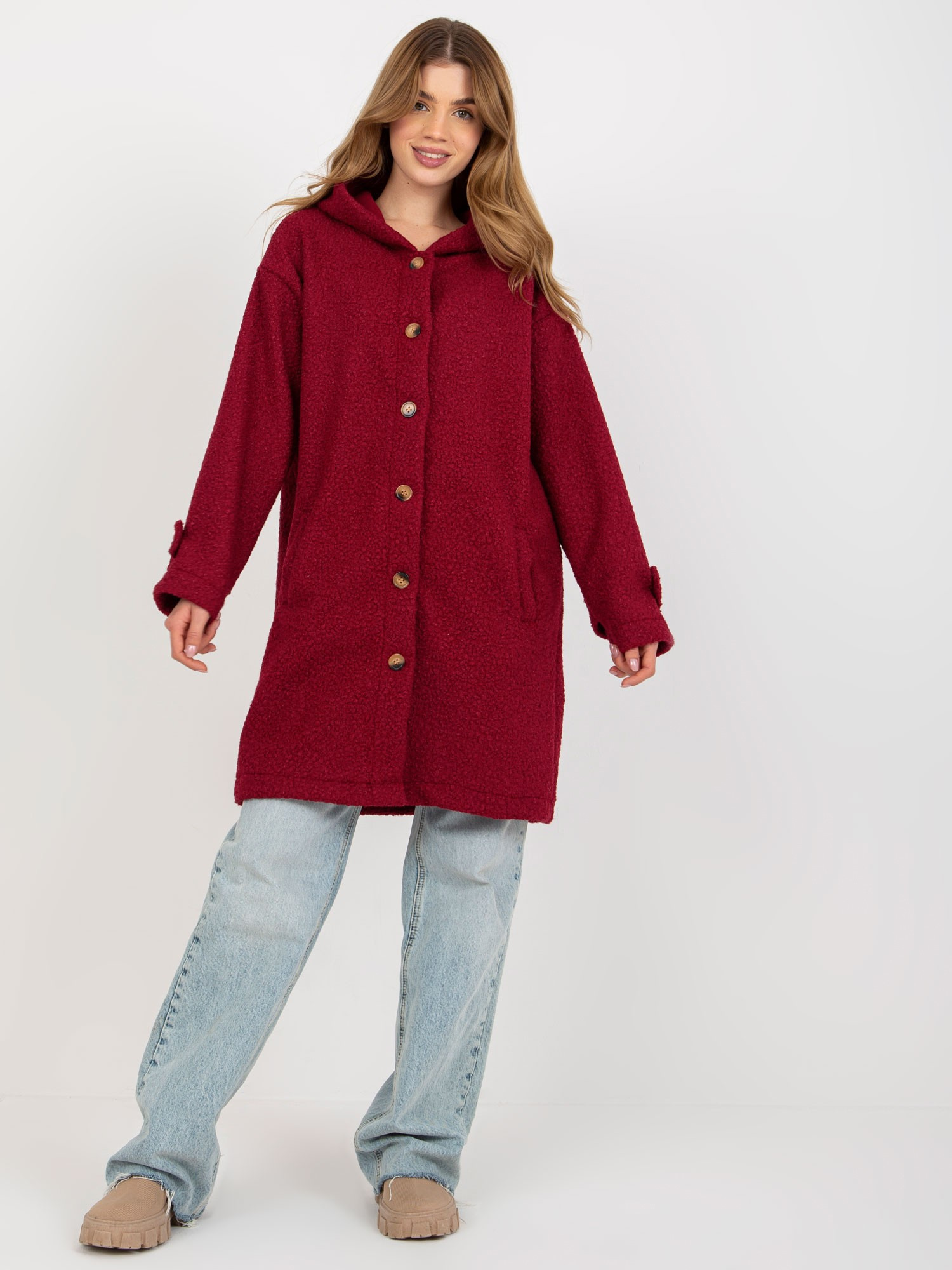 Vínový teddy kabát na gombíky RV-PL-8449.98P-bordo Veľkosť: S/M