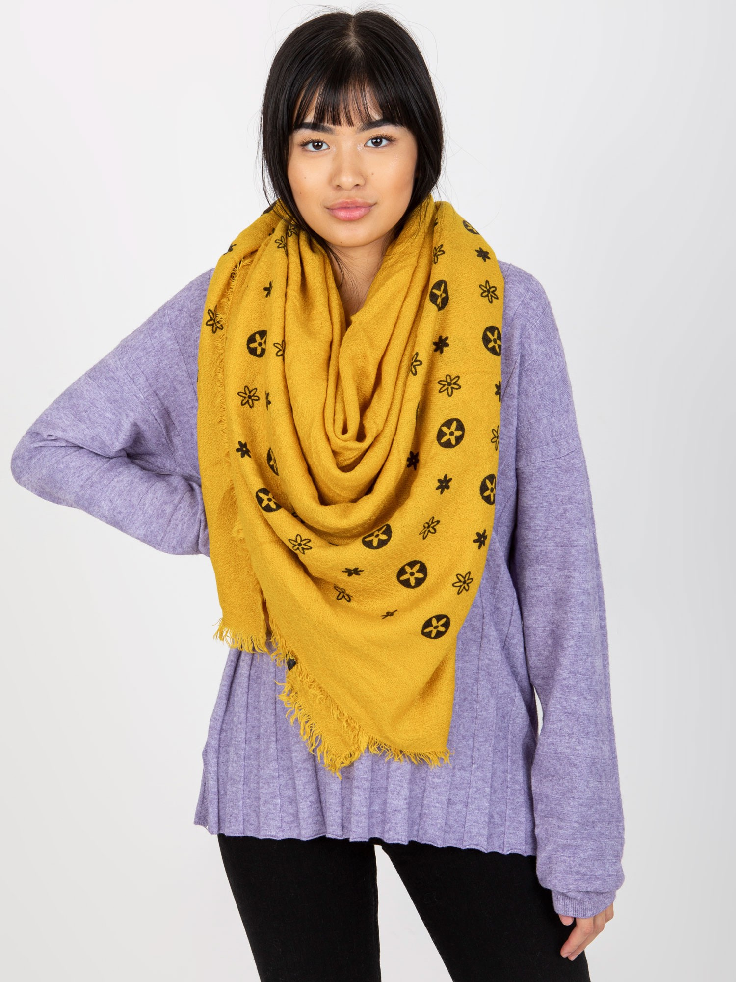 Horčicový dámsky šál s potlačou -AT-CH-23502-1.51-mustard Veľkosť: ONE SIZE