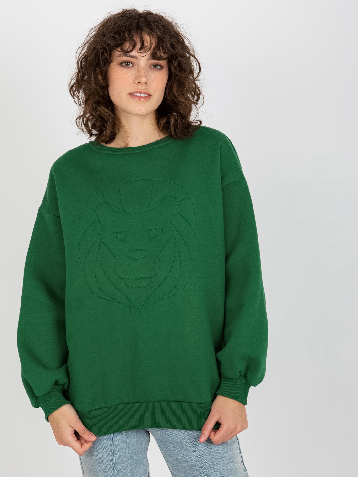 Tmavozelená mikina s výšivkou leva -EM-BL-617-4.41P-green Veľkosť: ONE SIZE
