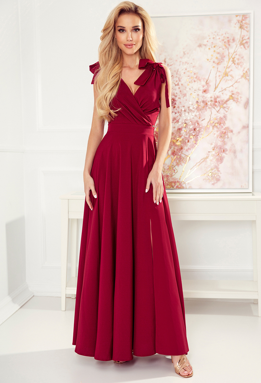 Dlhé bordové šaty s výstrihom ELENA 405-1 Veľkosť: XL