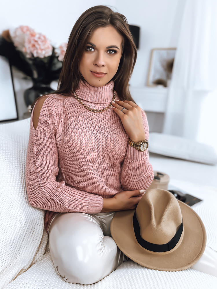 Ružový pletený rolák s prestrihmi ARIEL MY1702 Veľkosť: ONE SIZE