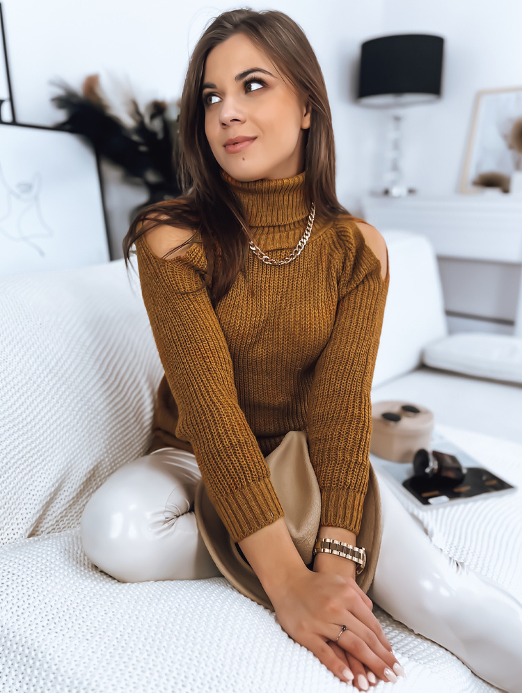 Horčicový pletený rolák s prestrihmi ARIEL MY1707 Veľkosť: ONE SIZE