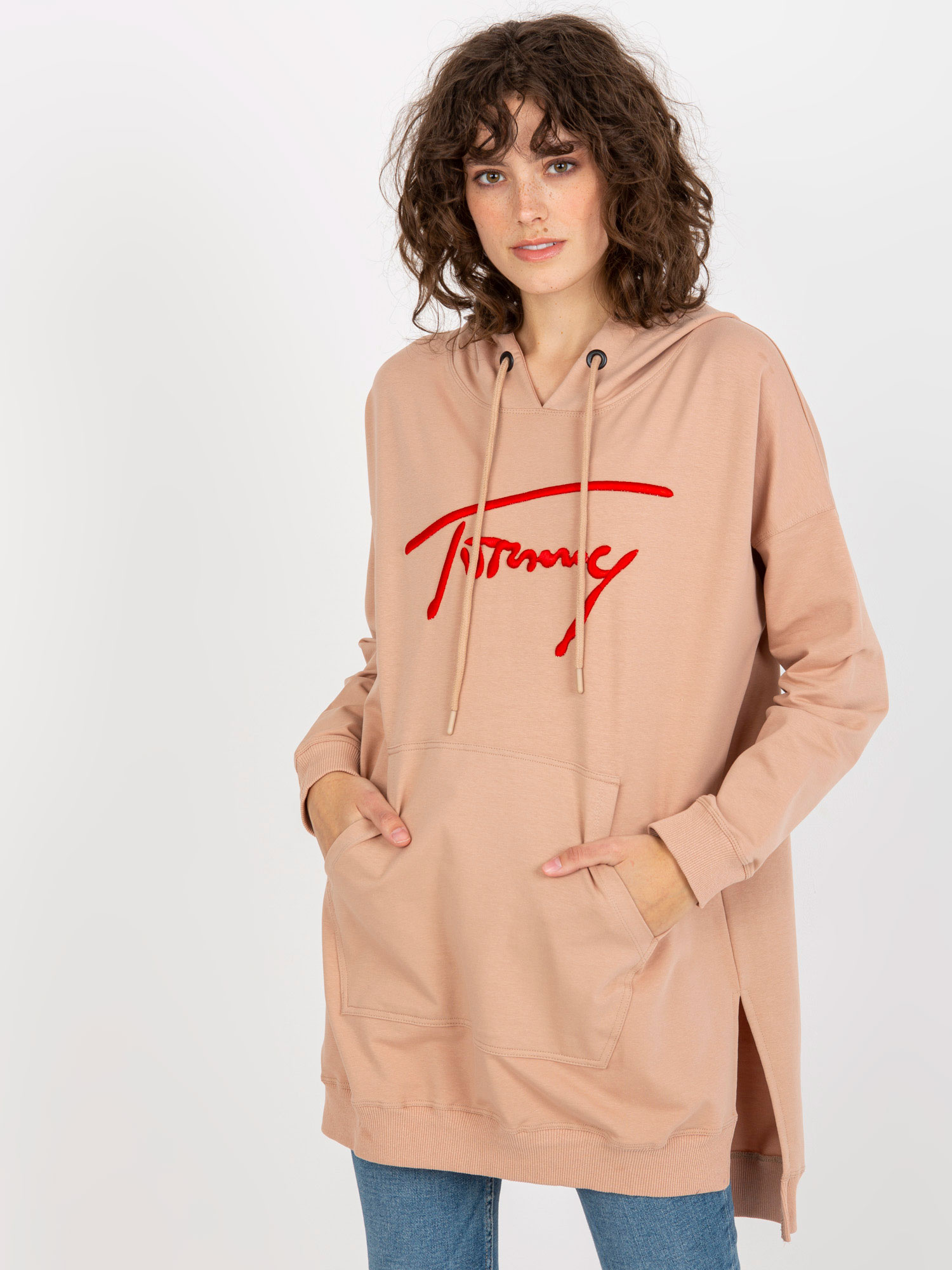 Béžová dlhá mikina s rozparkami VI-BL-335.25X-beige Veľkosť: ONE SIZE