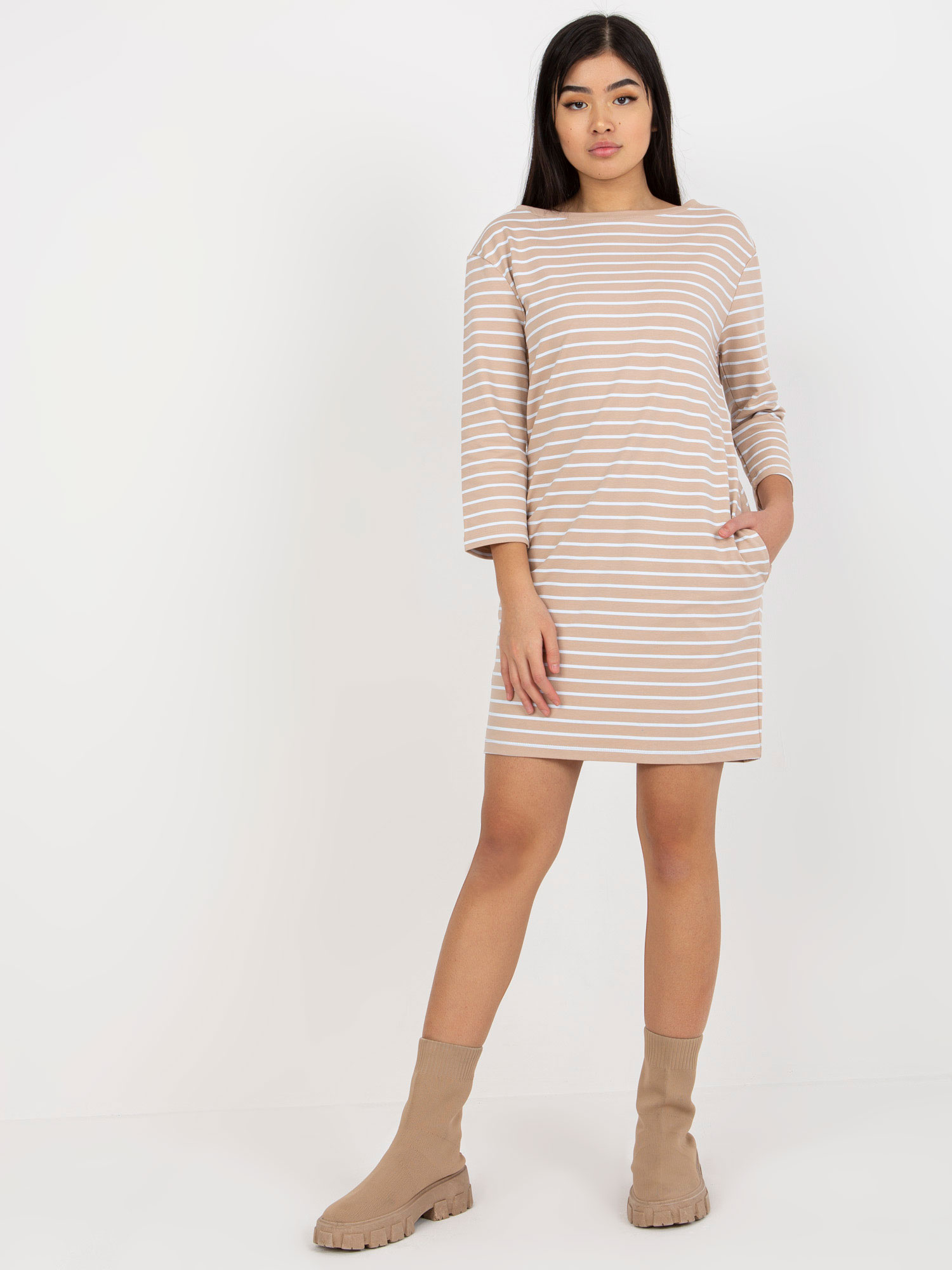 Béžové pruhované šaty s vreckami -LO-SK-LK-259.08-white-beige Veľkosť: S