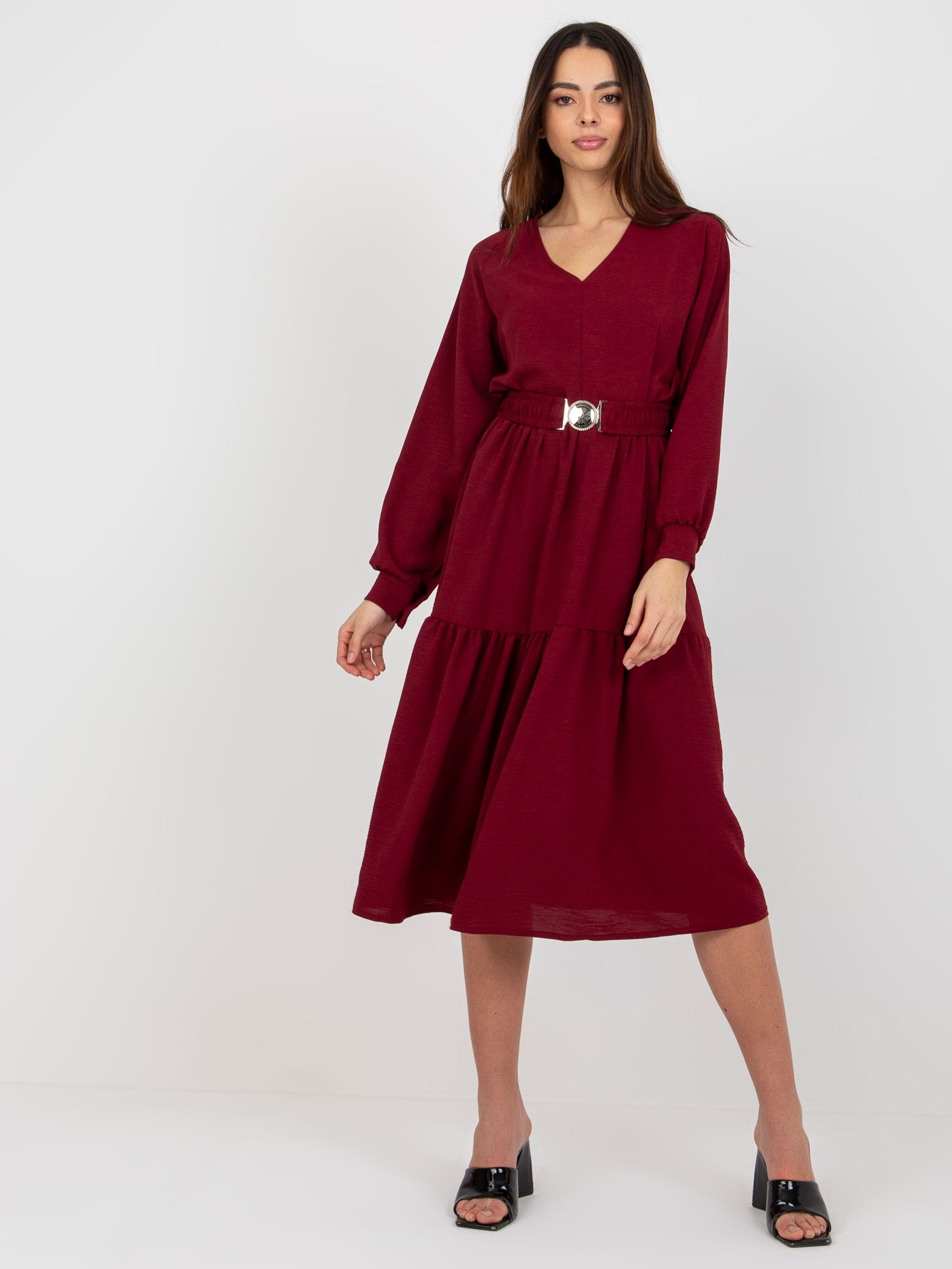 Vínové midi šaty s opaskom -TW-SK-BI-2021706.93P-bordo Veľkosť: S