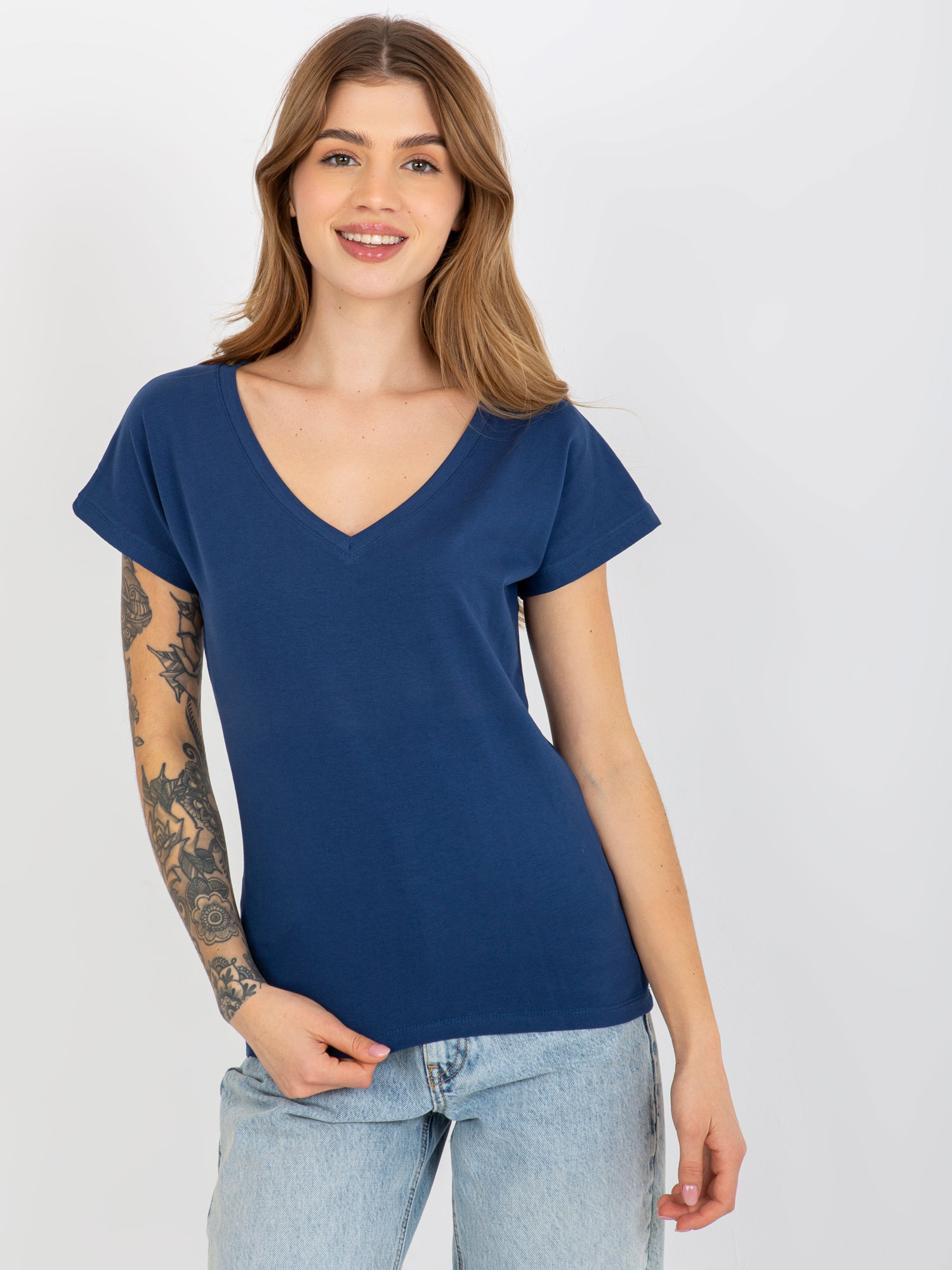 Tmavomodré dámske tričko s výstrihom VI-TS-035.01P-dark blue Veľkosť: M