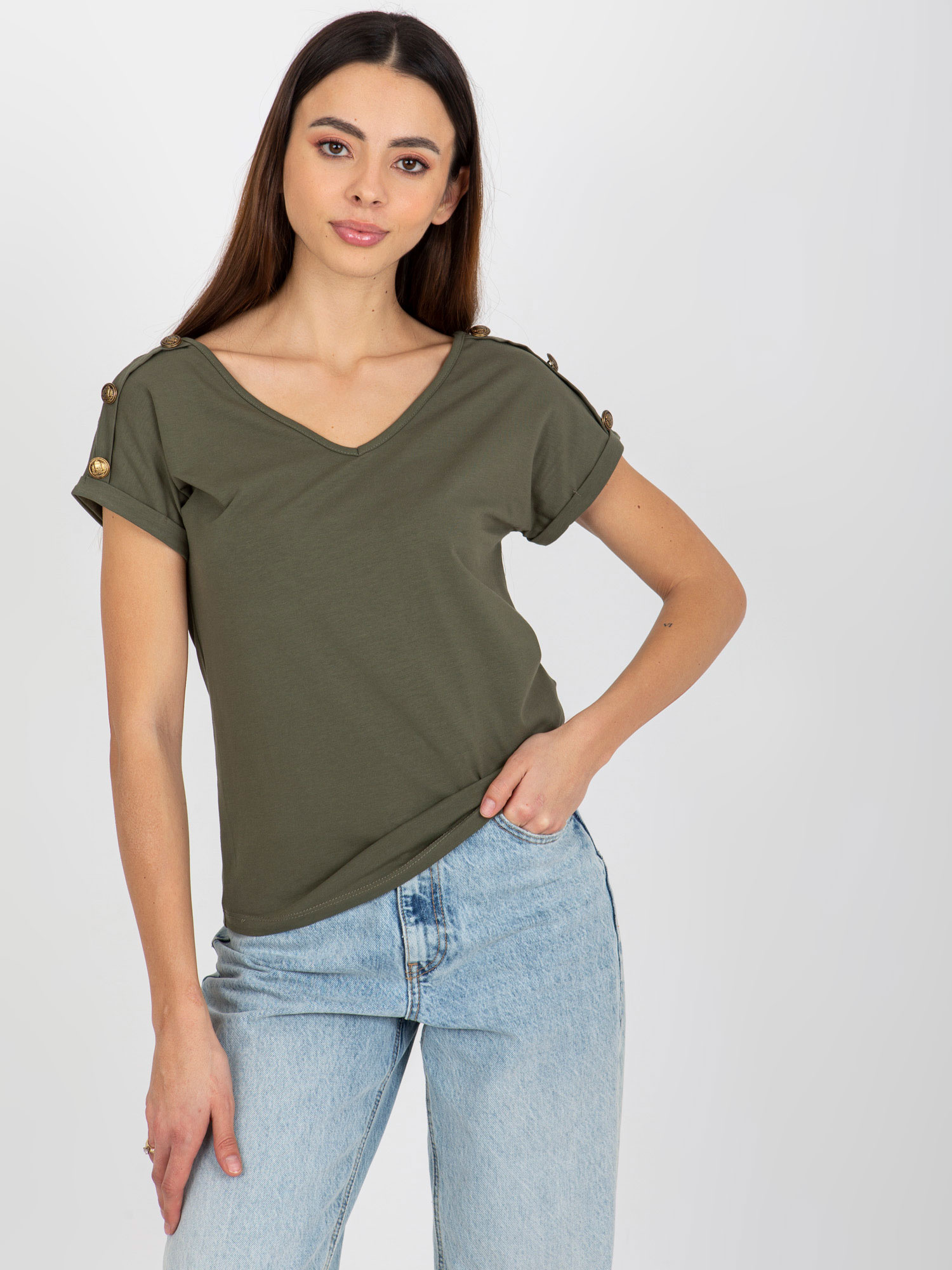 Tmavé khaki dámske tričko s výstrihom TW-BZ-BL-1006.56-dark khaki Veľkosť: S