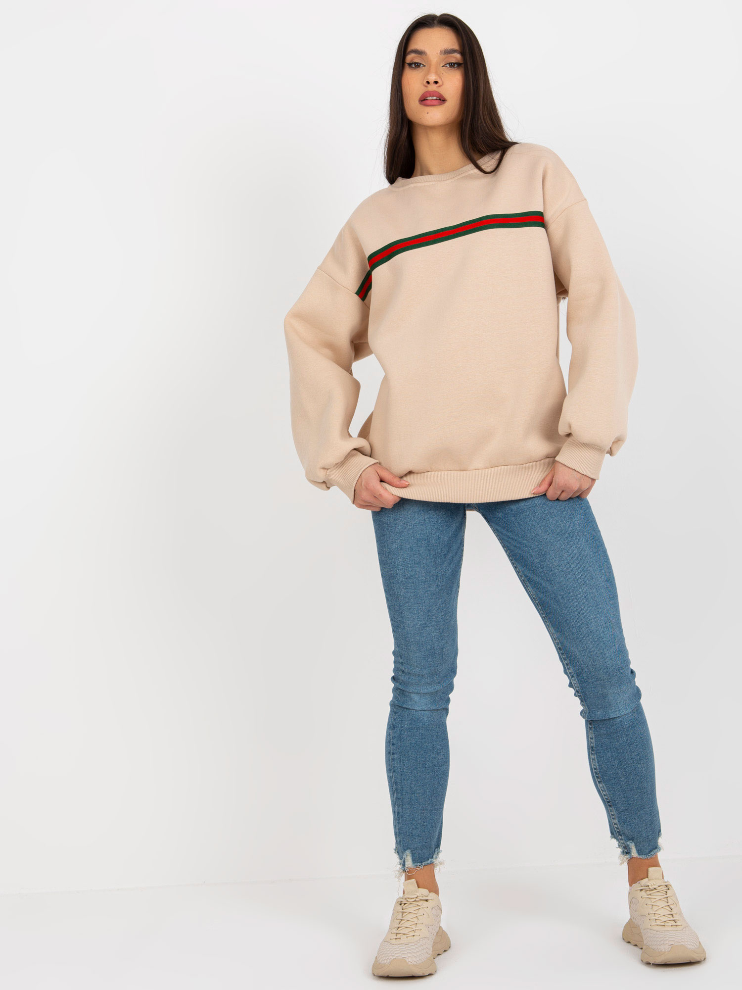 Béžová mikina s tenkým prúžkom -EM-BL-760.01-beige Veľkosť: ONE SIZE