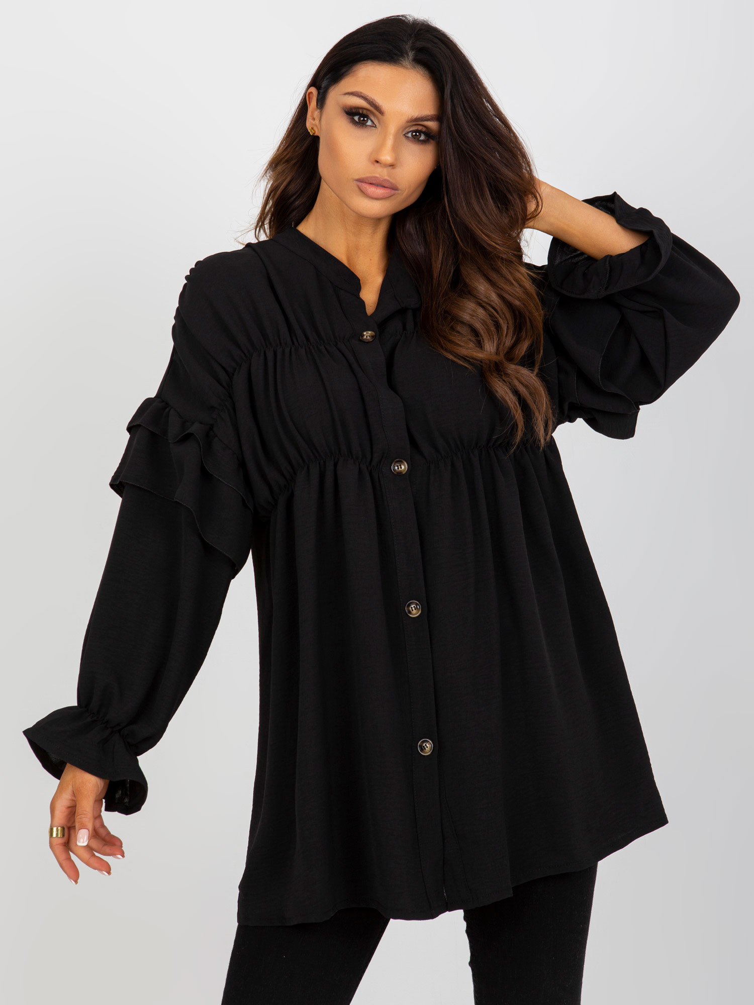 Čierna volánová boho košeľa -TW-KS-BI-2021745.13X-black Veľkosť: S