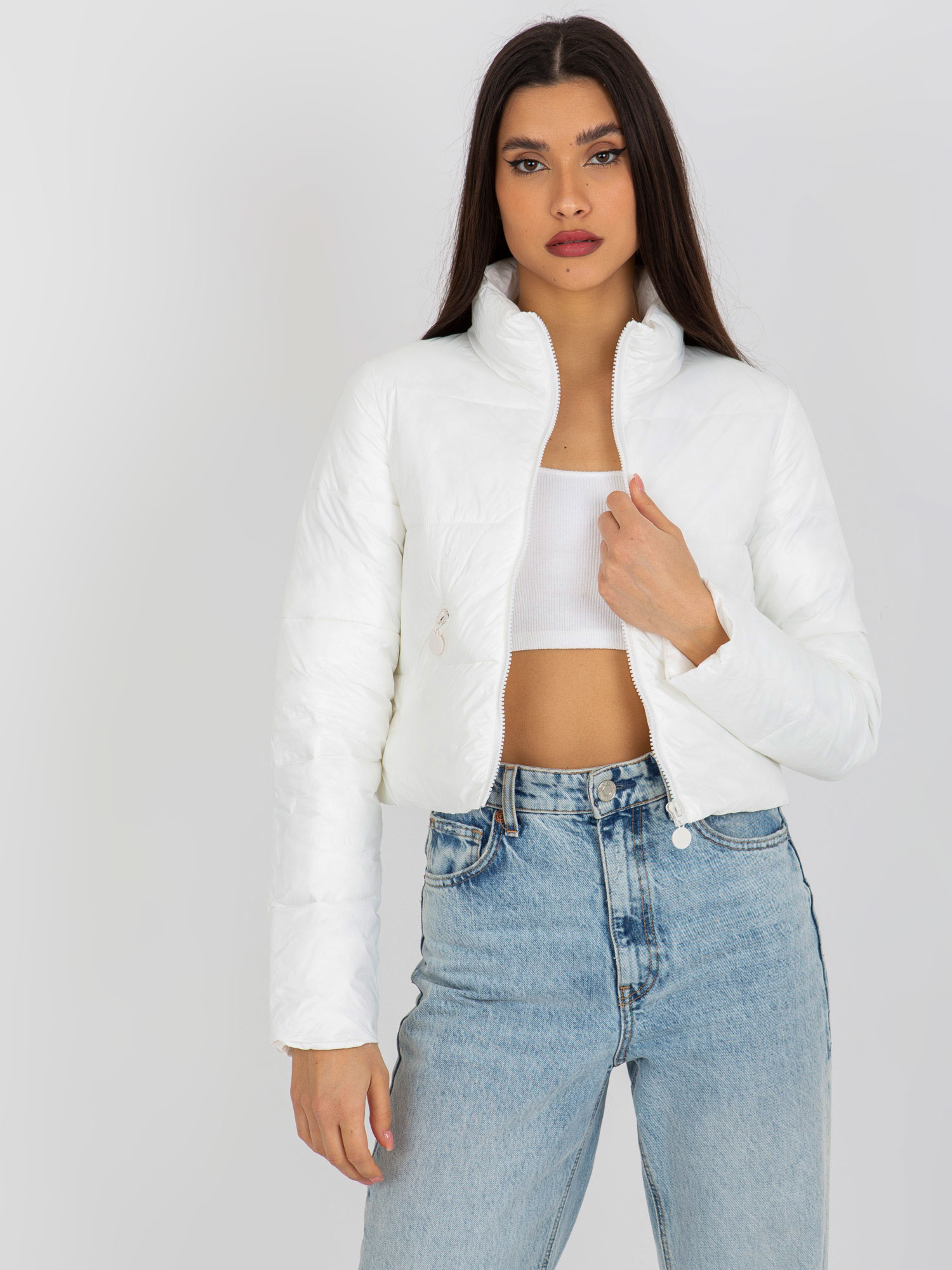 Smotanová crop bunda s golierom -NM-KR-XZ-005A.98P-ecru Veľkosť: M/L