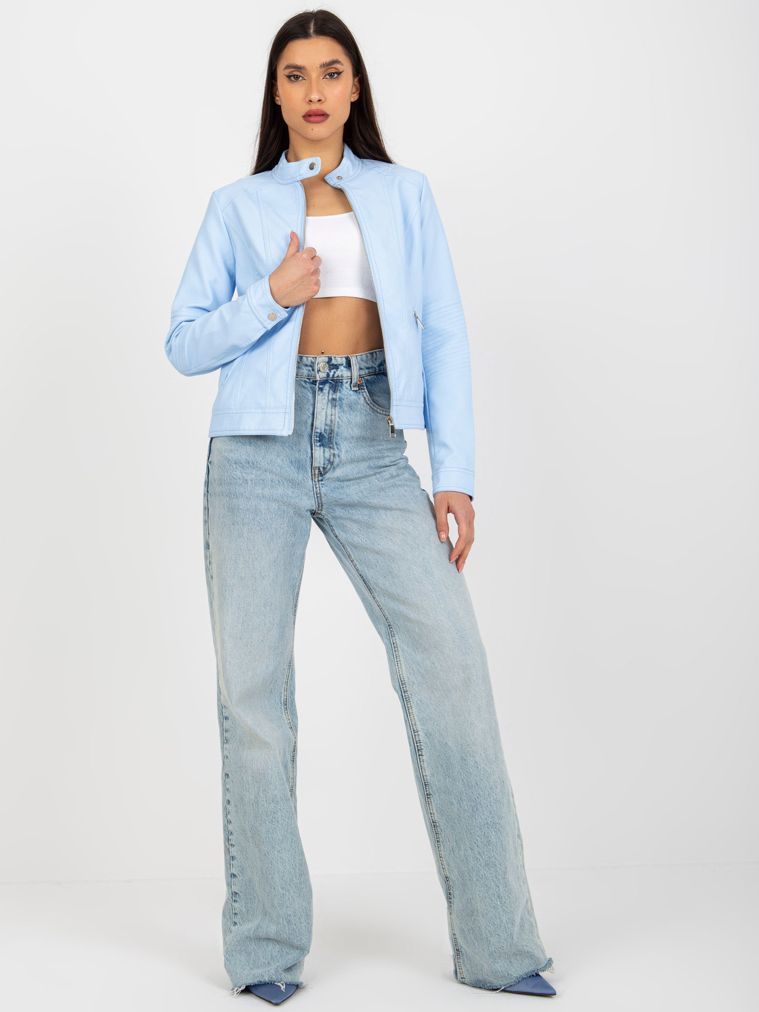 Svetlomodrá koženková bunda s vreckami -NM-KR-G103.00P-light blue Veľkosť: S