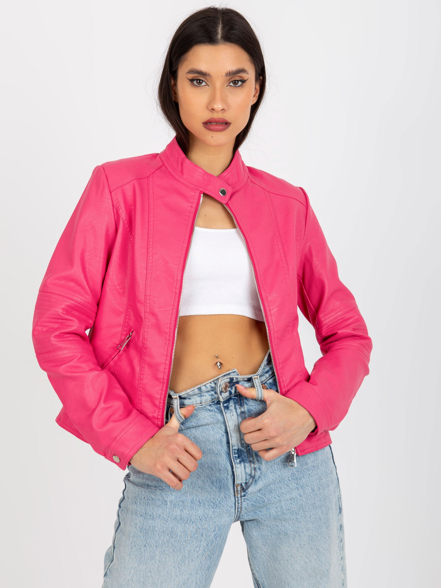 Tmavo ružová koženková bunda s vreckami -NM-KR-G103.00P-dark pink Veľkosť: S