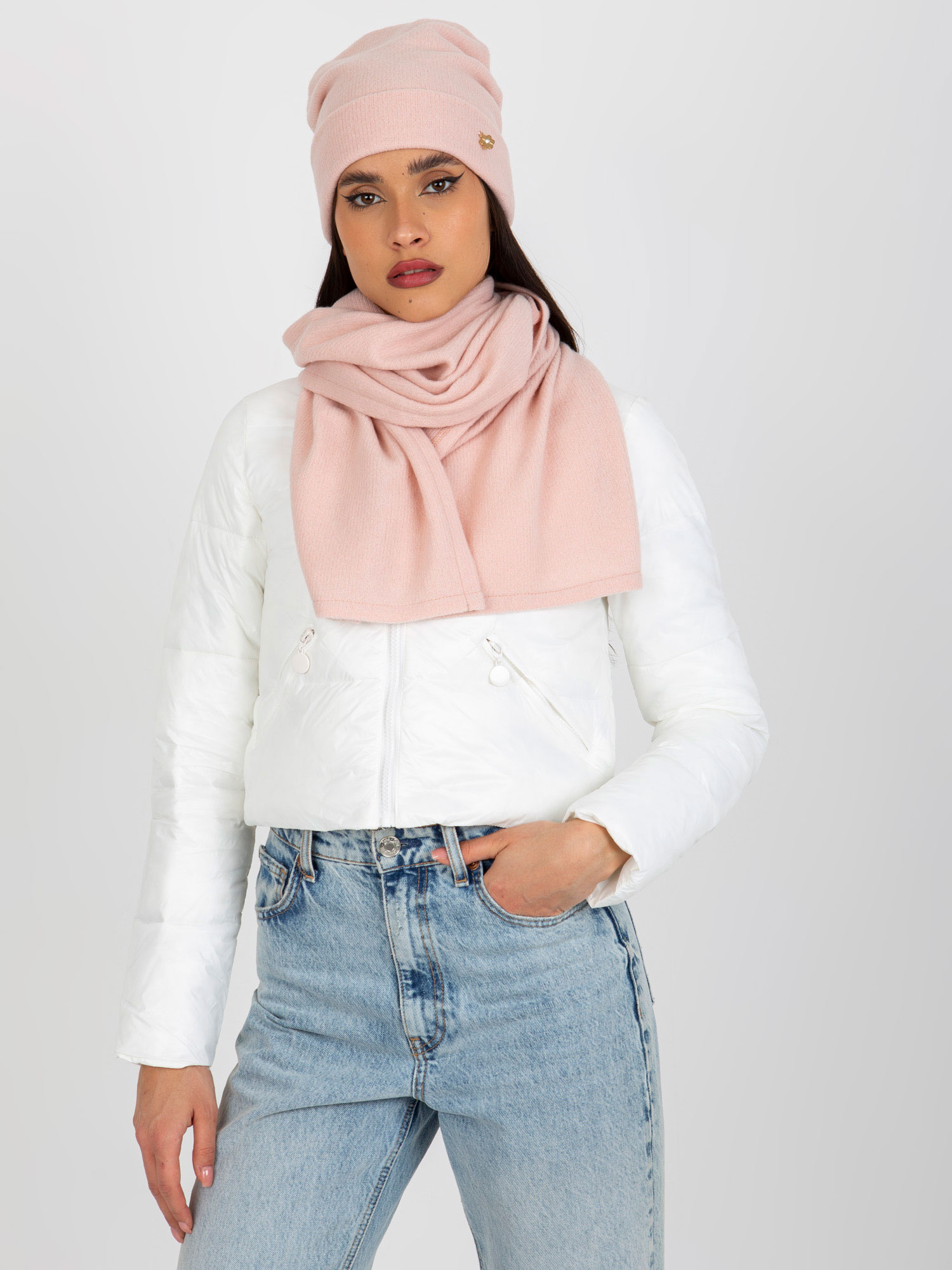 Svetloružový zimný komplet šály a čiapky z angora vlny LK-KMPL-509147.48P-light pink Veľkosť: ONE SIZE