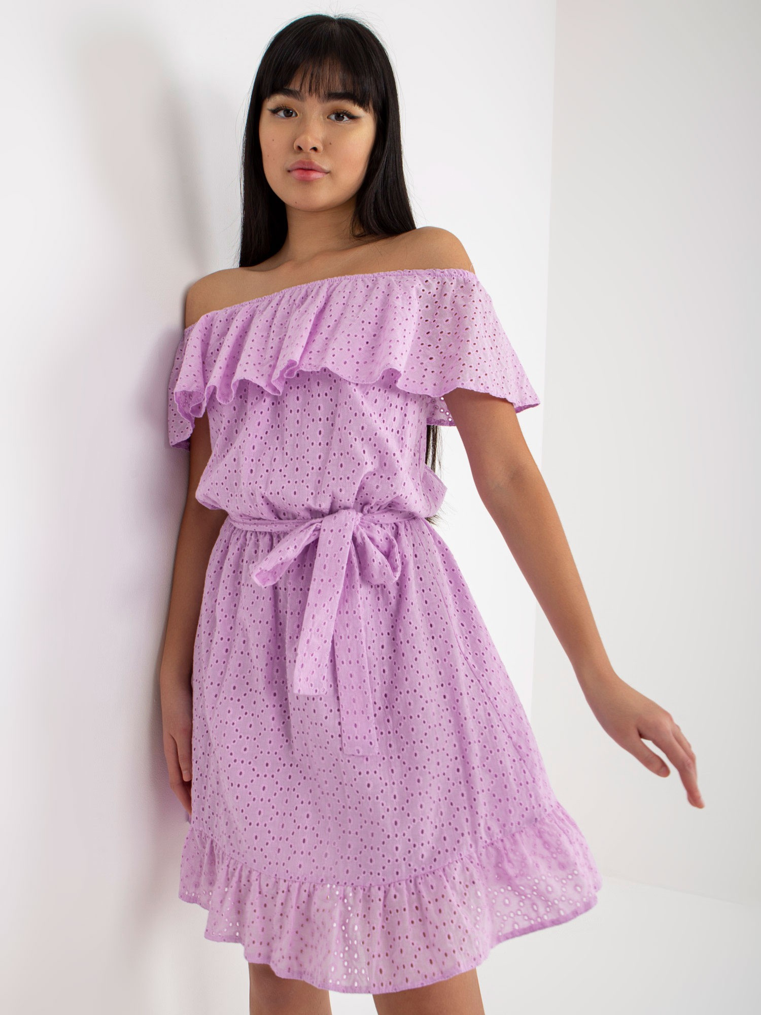 Svetlofialové voľné minišaty so šnúrkou v páse LK-SK-508610.23-light violet Veľkosť: 38